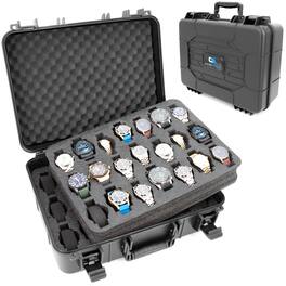 CASEMATIX - Watch Travel Case with 42 Slot Foam Holder For 24mm–56mm Watches, 2 Removable Trays, Impact Resistant - Black