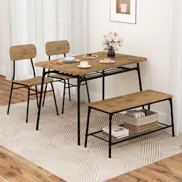 Gymax - Dining Table Set for 4 Dining Room Kitchen Table w/ Bench 2 Chairs 4-Piece Set - Brown,Black