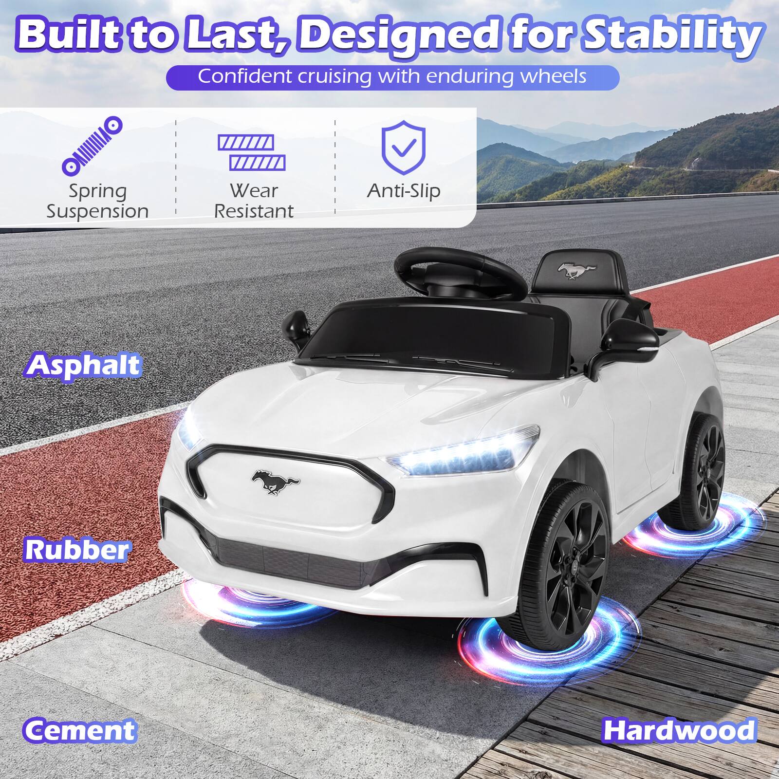 Built to Last, Designed for Stability  
Confident cruising with enduring wheels  

- Spring Suspension  
- Wear Resistant  
- Anti-Slip  

Asphalt  
Rubber  
Cement  
Hardwood