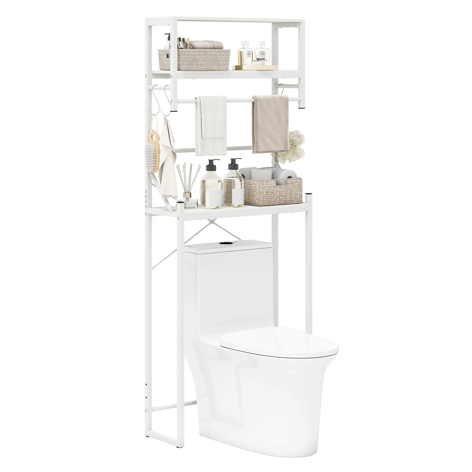 Front. Costway - Costway 3-Tier Over the Toilet Storage Rack with Towel Holder Hooks & Adjustable Bottom Bar - White.