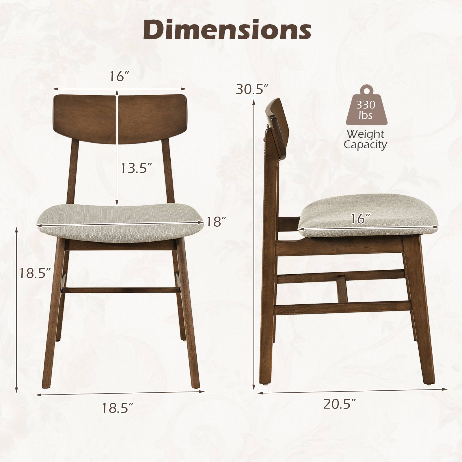 Dimensions: 16" x 30.5" x 330 lbs  
Weight Capacity: 13.5" x 18" x 18.5" x 18.5" x 20.5"