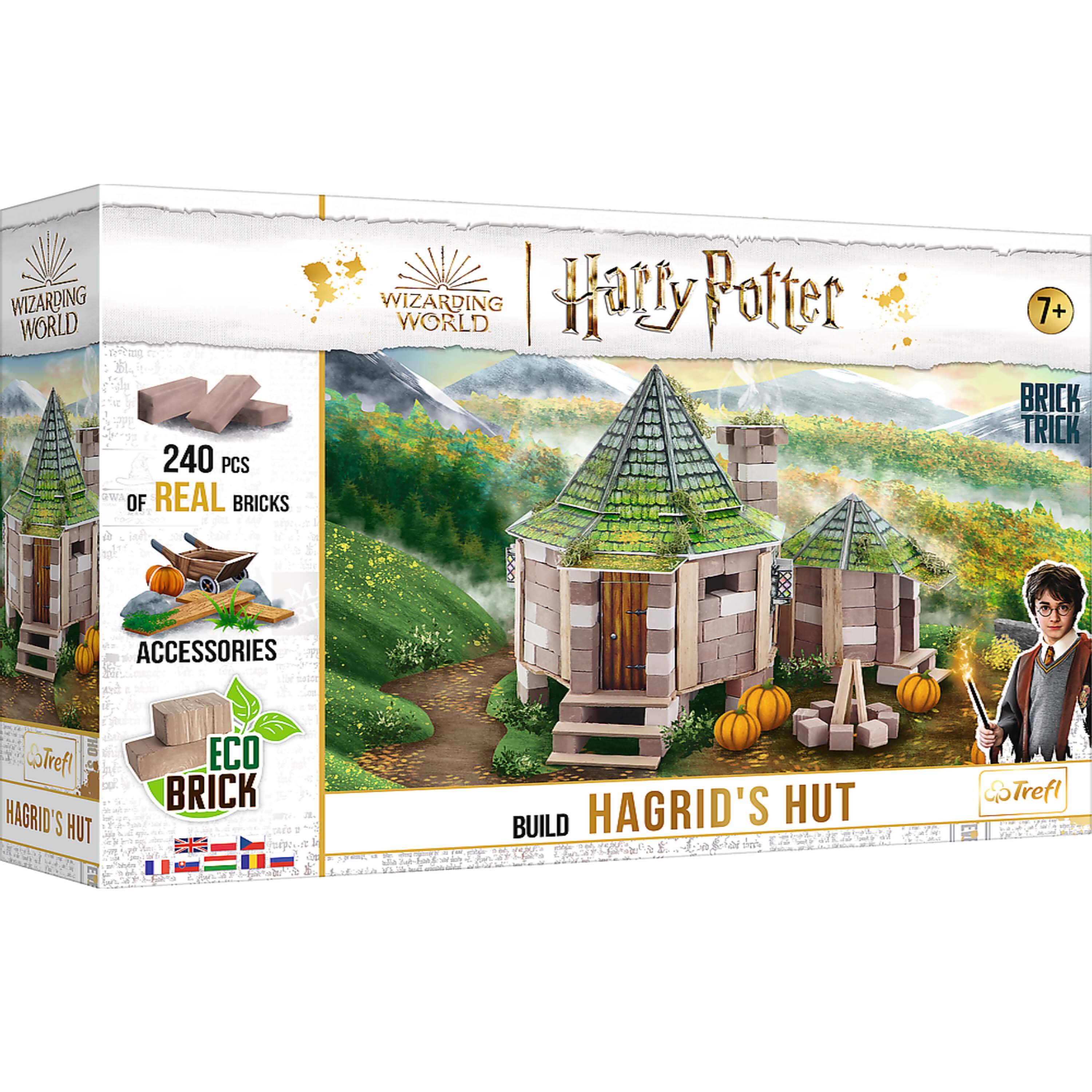 WIZARDING WORLD  
Harry Potter  
7+  
BRICK TRICK  

240 PCS OF REAL BRICKS  
ACCESSORIES  
ECO BRICK  

BUILD HAGRID'S HUT  

Trefl