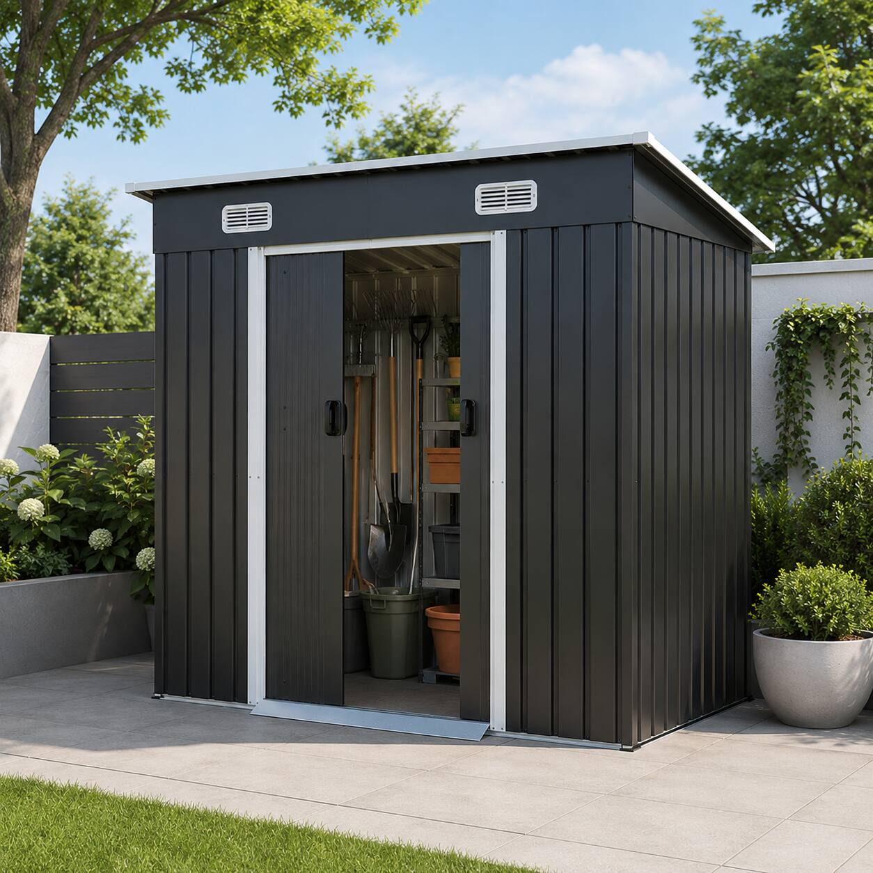 Angle. Anysun - 6x4ft Metal Shed – Sliding-Door Outdoor Storage Building with Ventilation Vents & Threshold (6.43 x 4 FT) - Black.