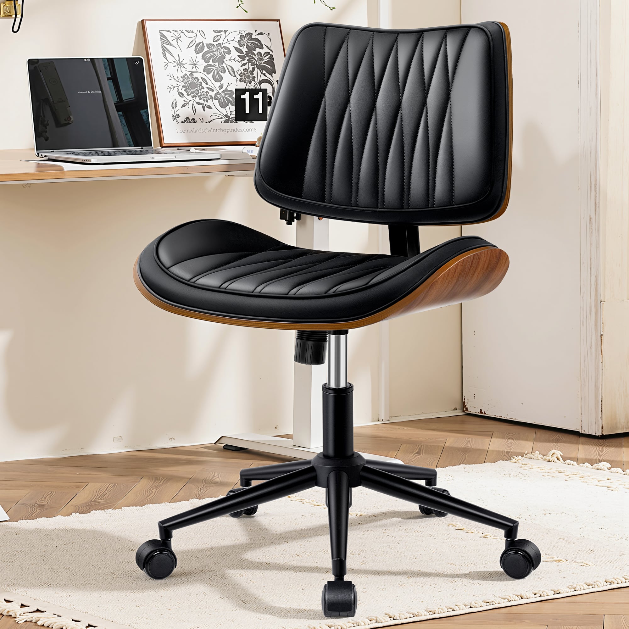 KERDOM - Stylish Home Office Chair, Ergonomic Mid Back Computer Chair, PU Leather Armless Accent Task Chair for Reception, Tilt - Black