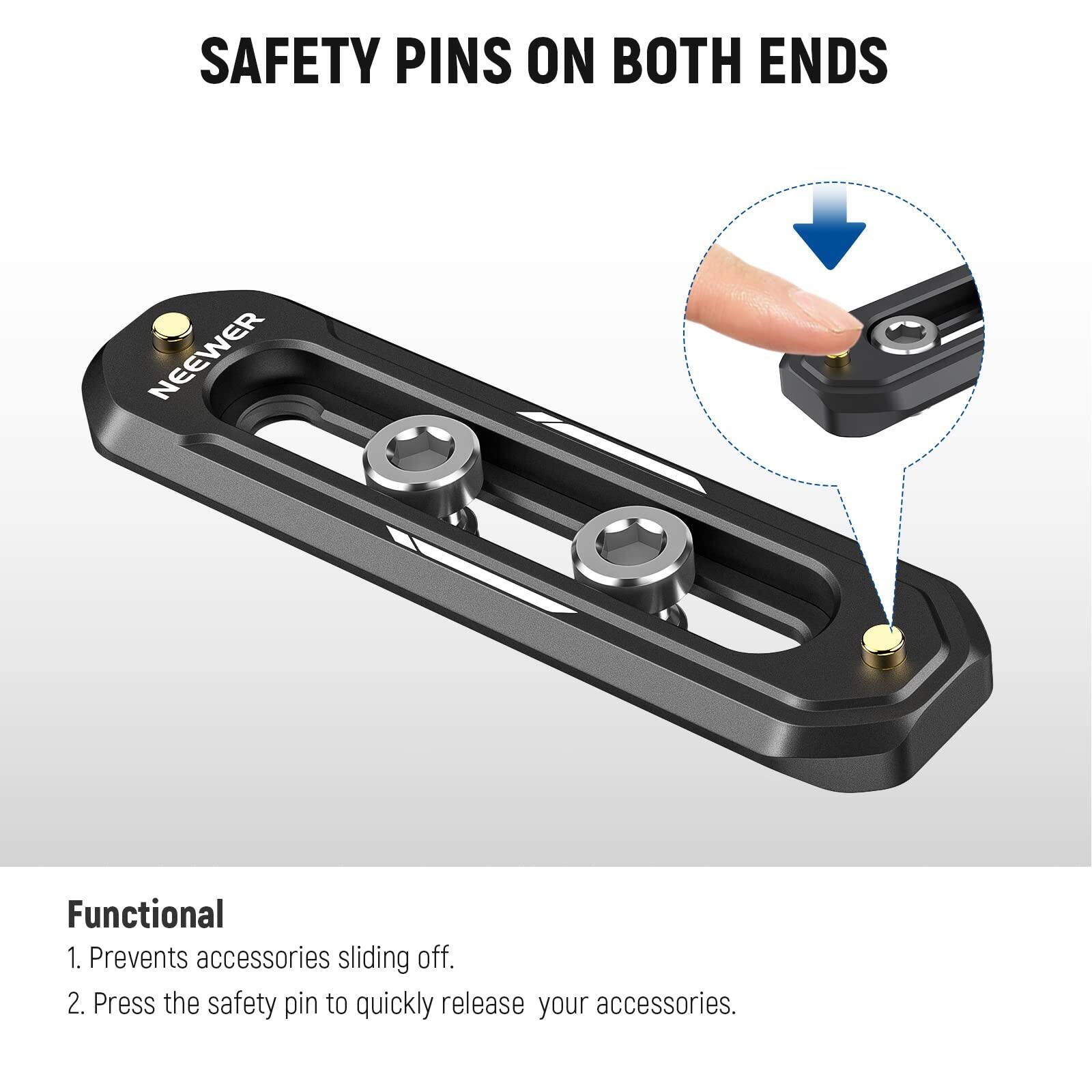 SAFETY PINS ON BOTH ENDS

Functional
1. Prevents accessories sliding off.
2. Press the safety pin to quickly release your accessories.
