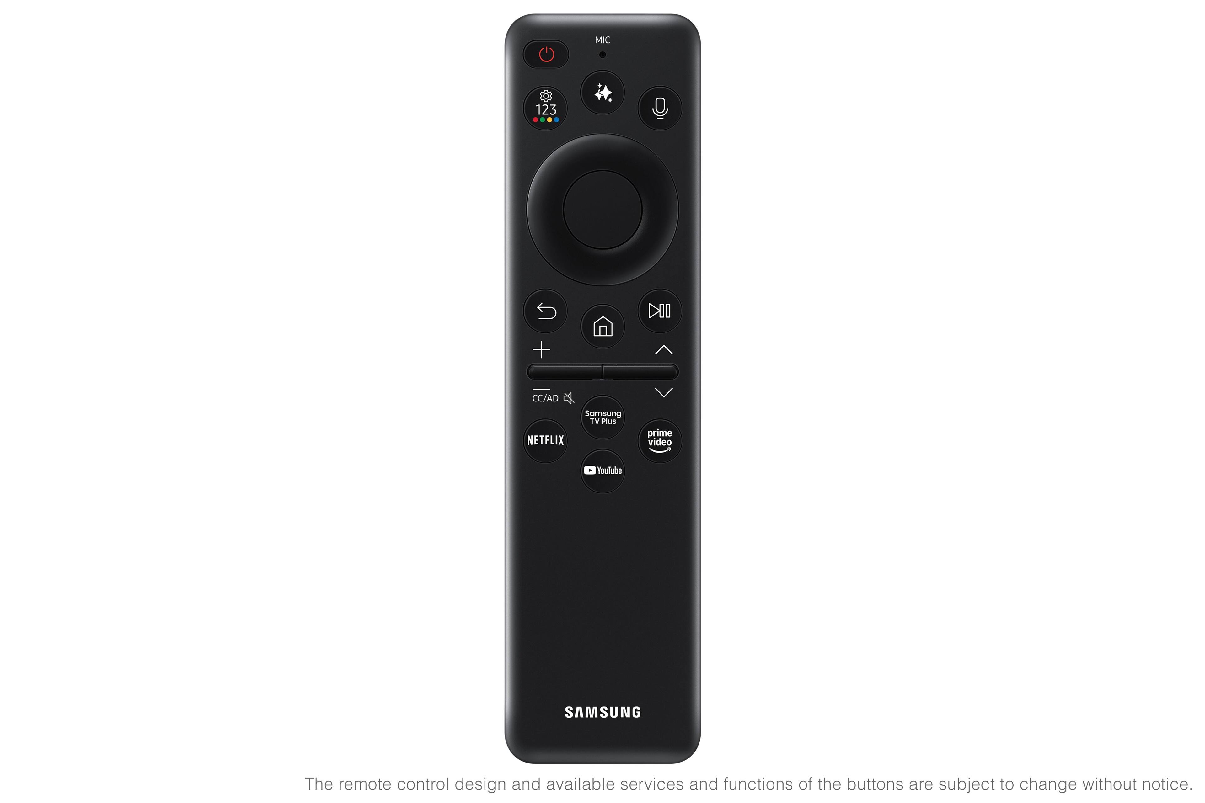 MIC 123 DII + CC/AD Samsung TV PUS NETFLIX prime video YouTube SAMSUNG

The remote control design and available services and functions of the buttons are subject to change without notice.