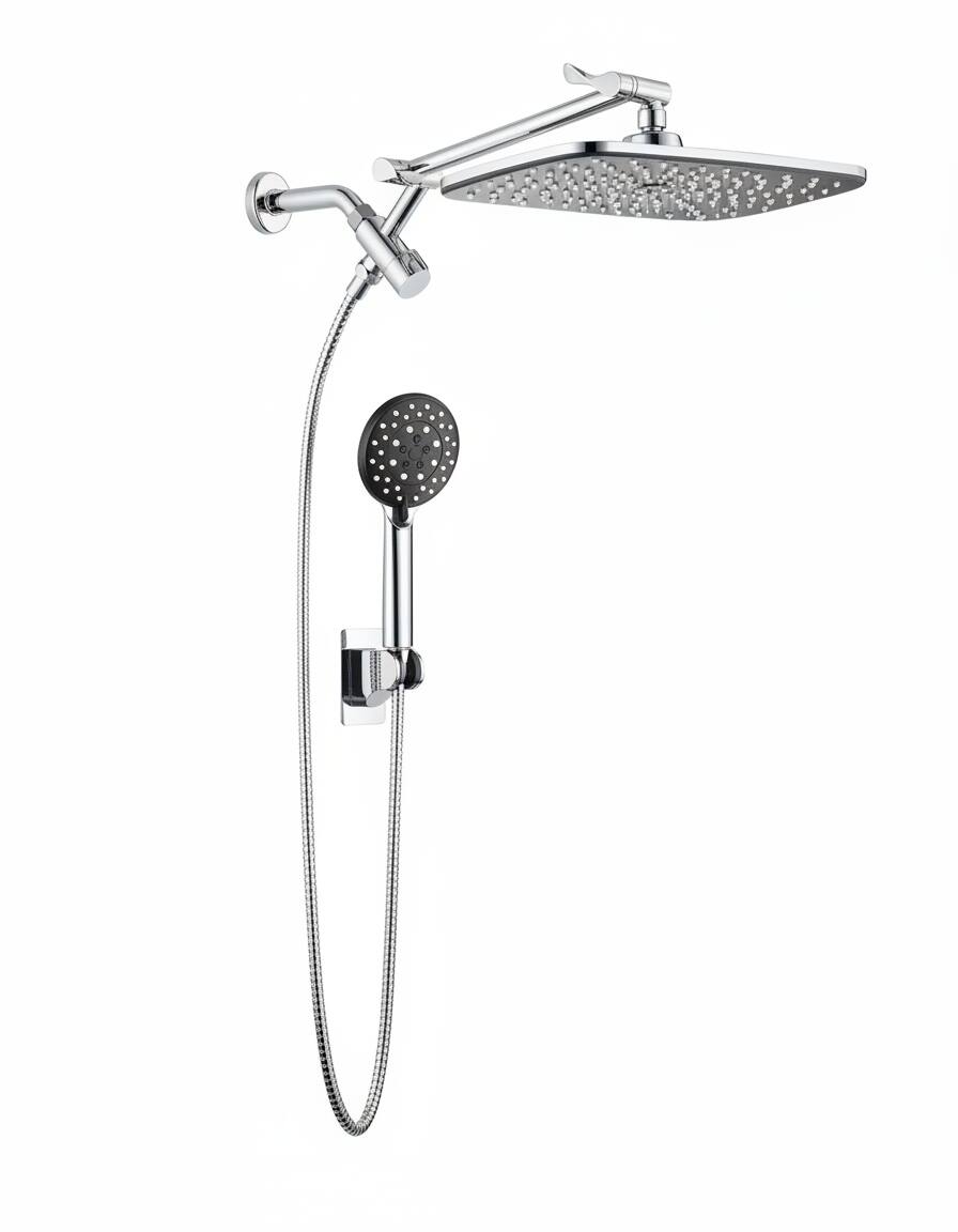 Front. Dazzed Corner - 11.8" Rain Shower Head & Handheld Combo with Multi Spray & Metal Extension Arm - Chrome.