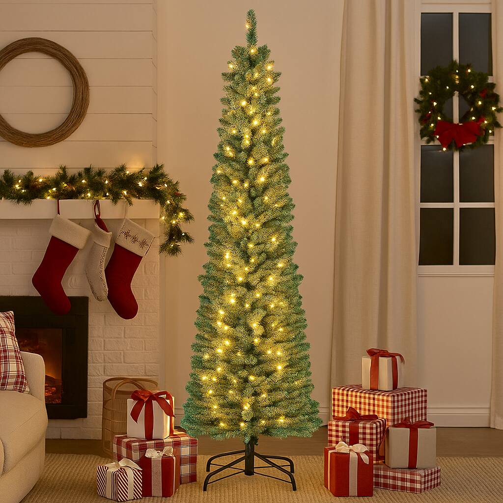 Front. BreeBe - Artificial Pencil Tree with Memory Branch Tips and Warm White LEDs - Green.