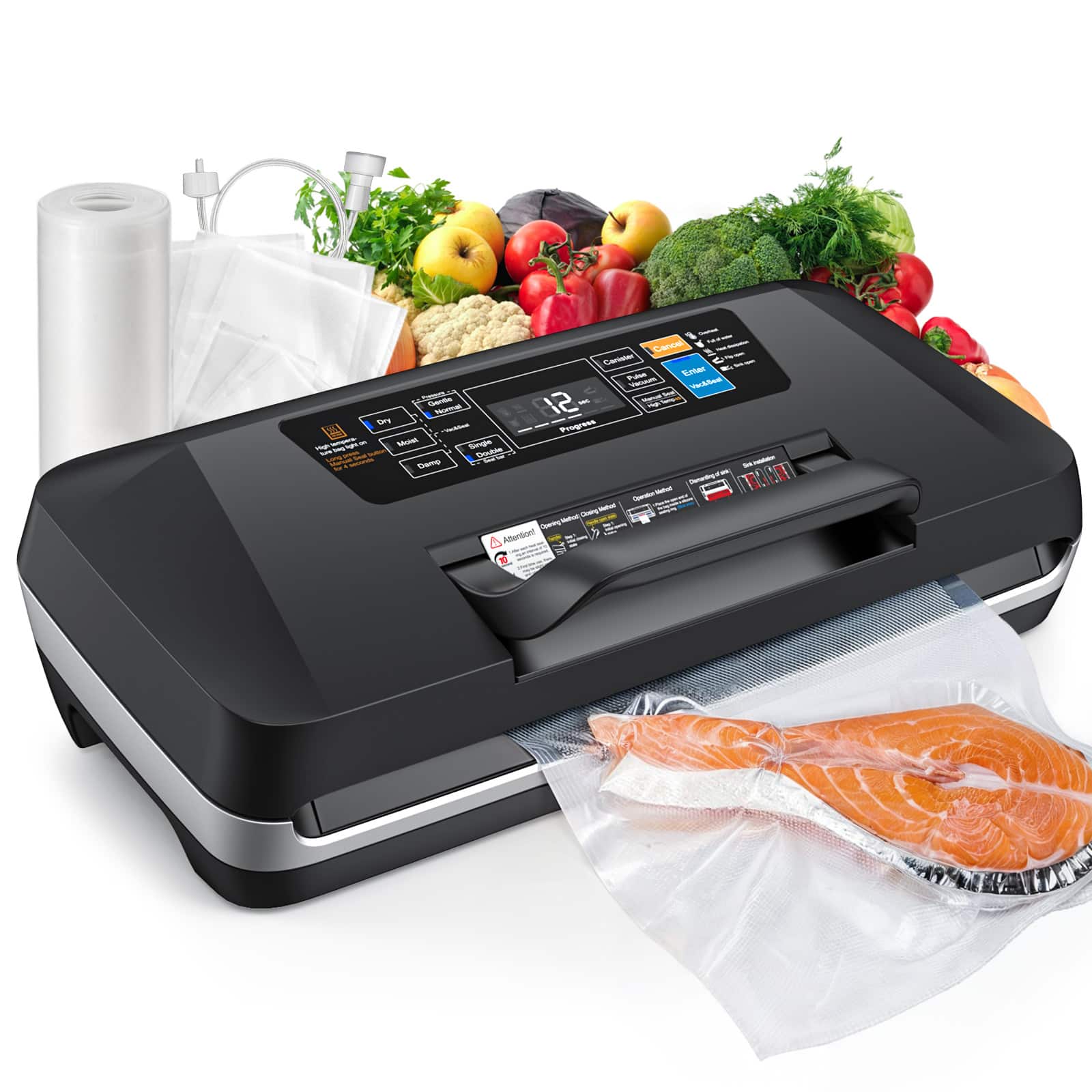 Teendow - Vacuum Sealer, Full Automatic Food Sealer with Enhanced Seal, 2 Heat Seal 1 Bag Rolls and 10 pcs Pre-cut Bags - Black