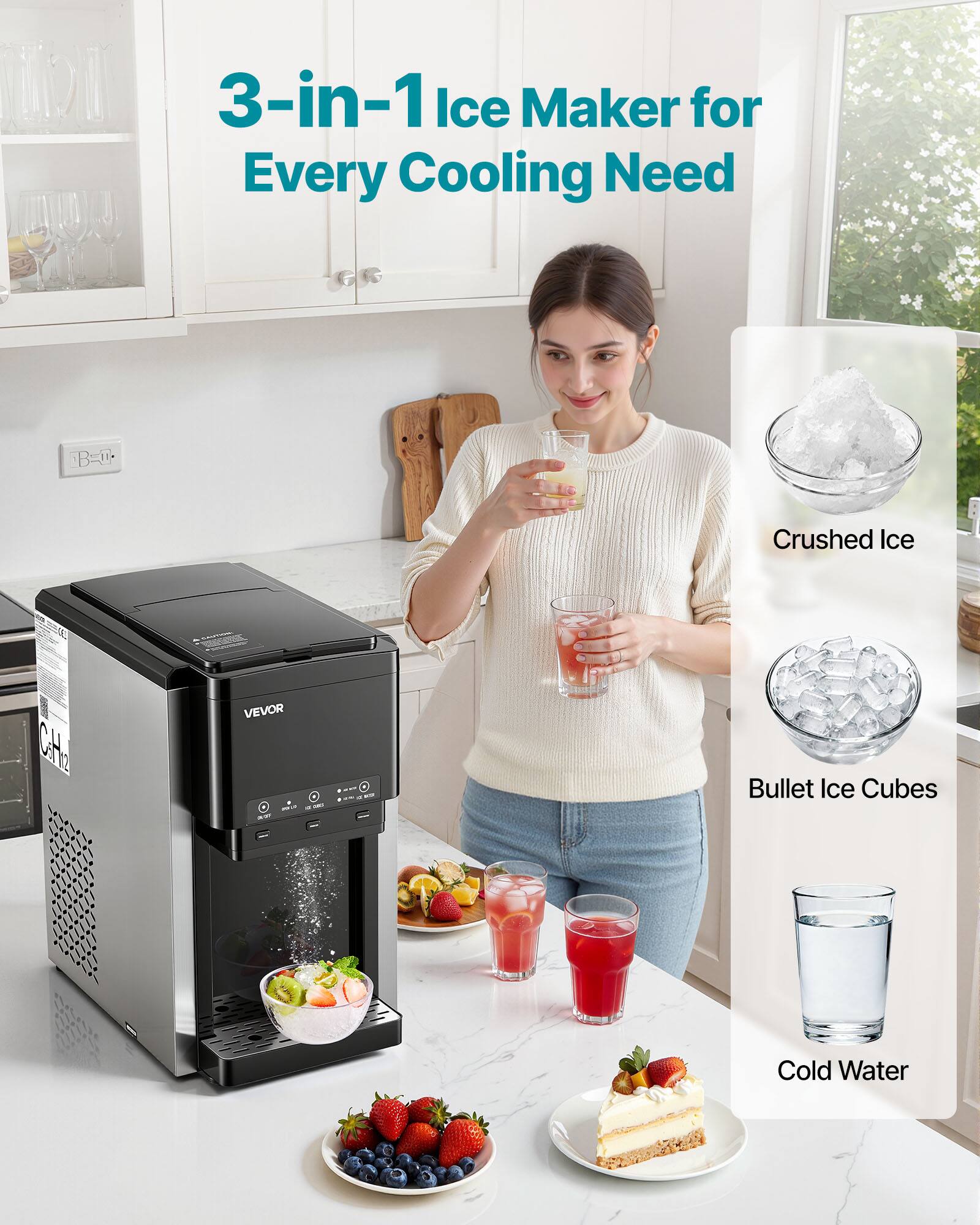 3-in-1 Ice Maker for Every Cooling Need

Crushed Ice

Bullet Ice Cubes

Cold Water