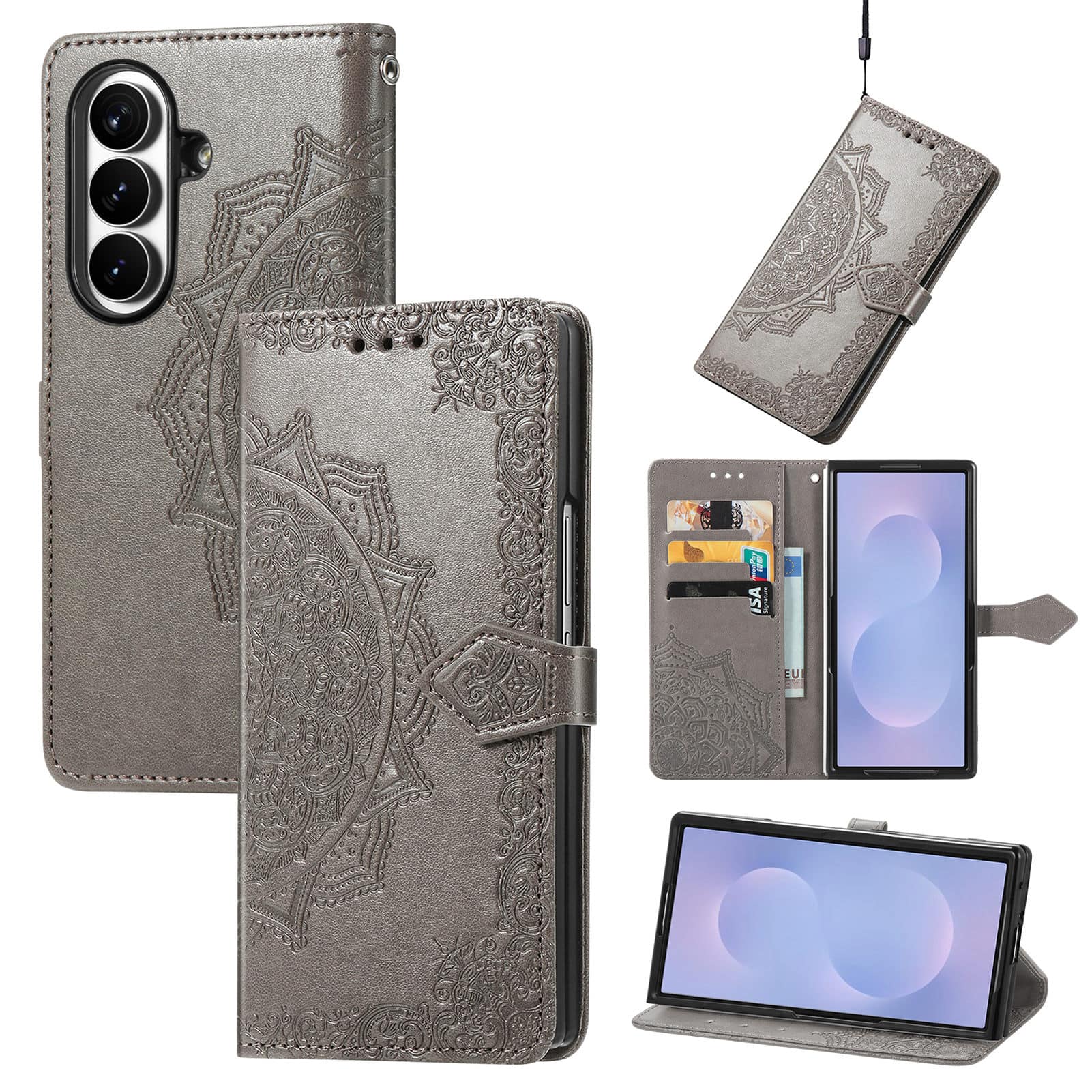 Dteck - Magnetic Wallet Case for Samsung Galaxy Z Fold 8 Ultra, Emboss Mandala Flowers PU Leather Strap Card Kickstand Cover - Gray price history on PriceWatchPro