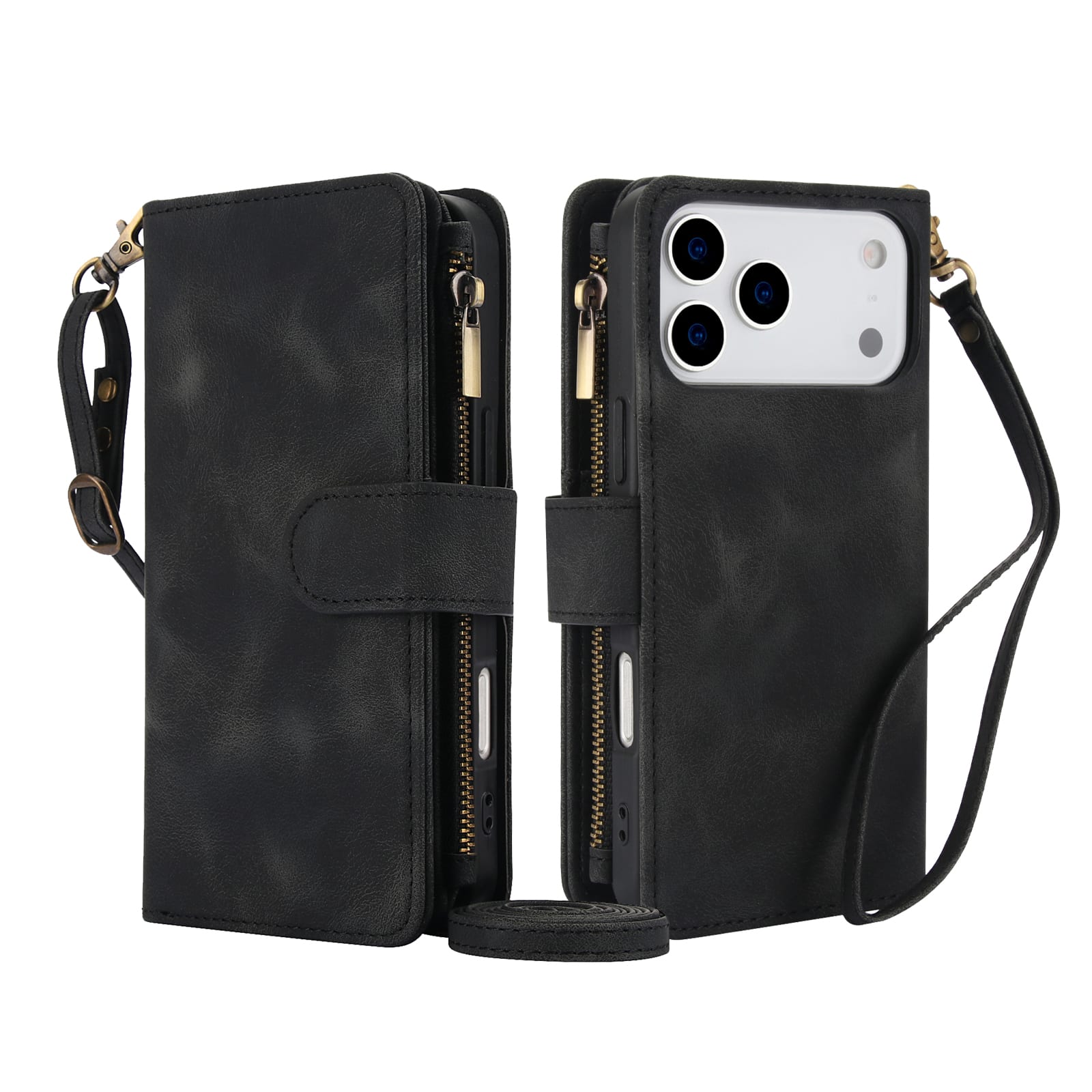 Dteck - RFID Blocking Zipper Wallet Pocket 9 Cards For Apple iPhone 17 Pro PU Leather Stand Crossbody Strap Cover - Black