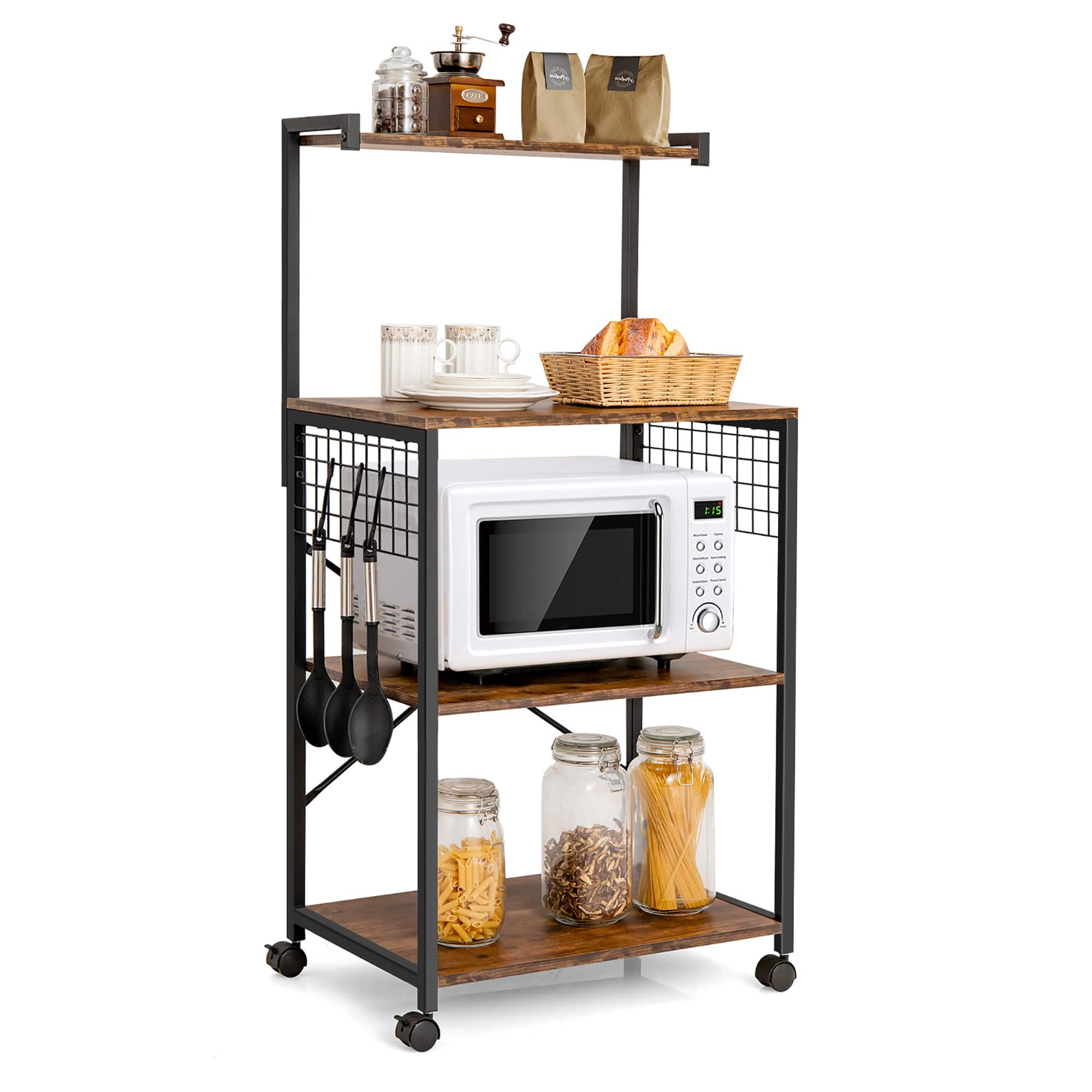 Costway - 4-Tier Rolling Bakers Rack Industrial Utility Microwave Oven Stand Cart w/ Hooks - Rustic Brown