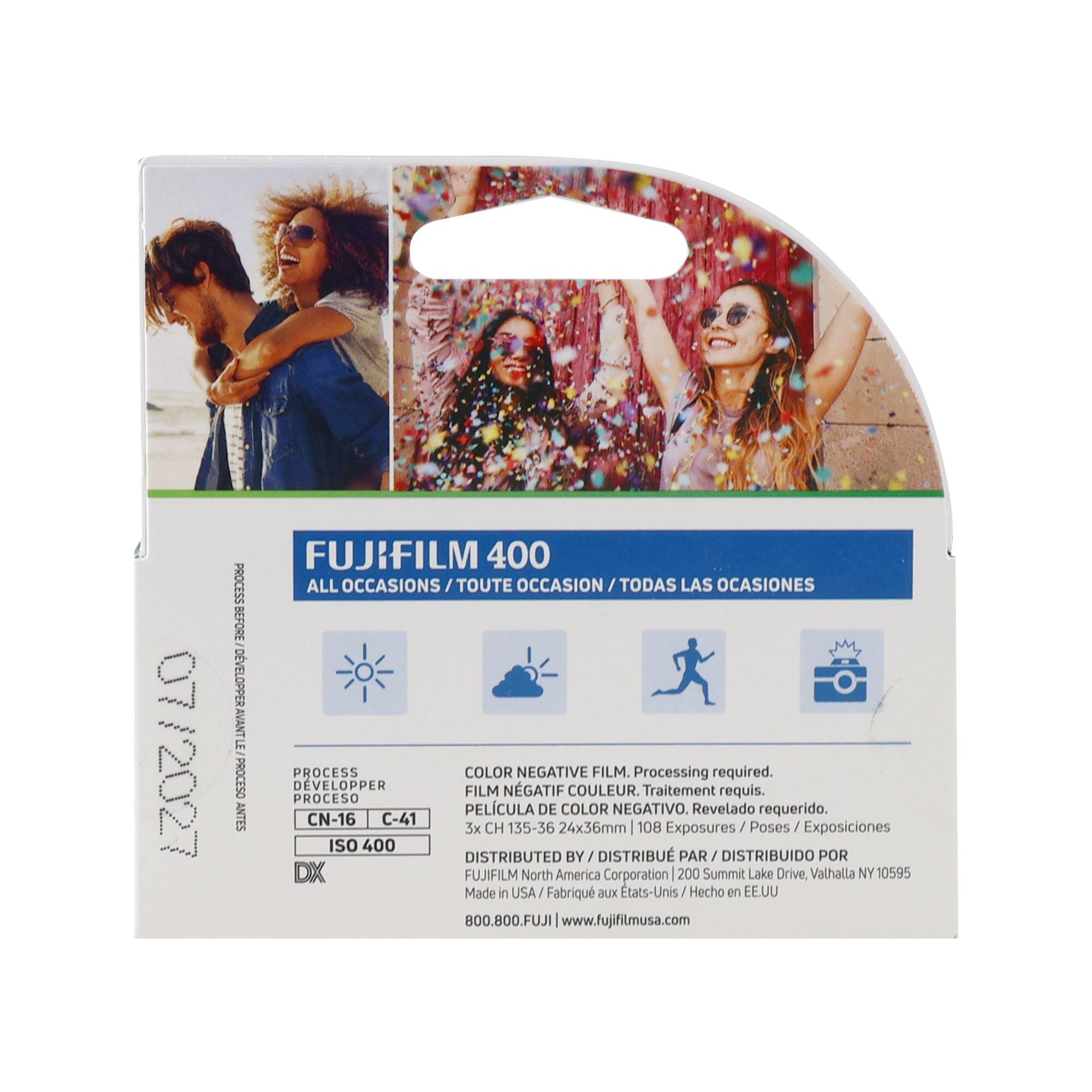 FUJIFILM 400  
ALL OCCASIONS / TOUTE OCCASION / TODAS LAS OCASIONES  

PROCESS BEFORE DEVELOPPER  
AVANT LE PROCESO  
ANTES  

COLOR NEGATIVE FILM.  
Processing required.  
DÉVELOPPER  
NGATIF COULEUR.  
Traitement FILM requis.  
PROCESO PELCULA DE COLOR NEGATIVO.  
Revelado requerido.  

CN-16 C-41  
3x CH 135-36  
24x36mm | 108 Exposures/ Poses Exposiciones  
ISO 400  

DISTRIBUTED BY / DISTRIBU PAR / DISTRIBUIDO POR  
FUJIFILM North America Corporation  
200 Summit Lake Drive, Valhalla NY 10595  
Made in USA  
Fabriqu aux Etats-Unis  
Hecho en EE.UU  

800.800.FUJI  
www.fujifilmusa.com