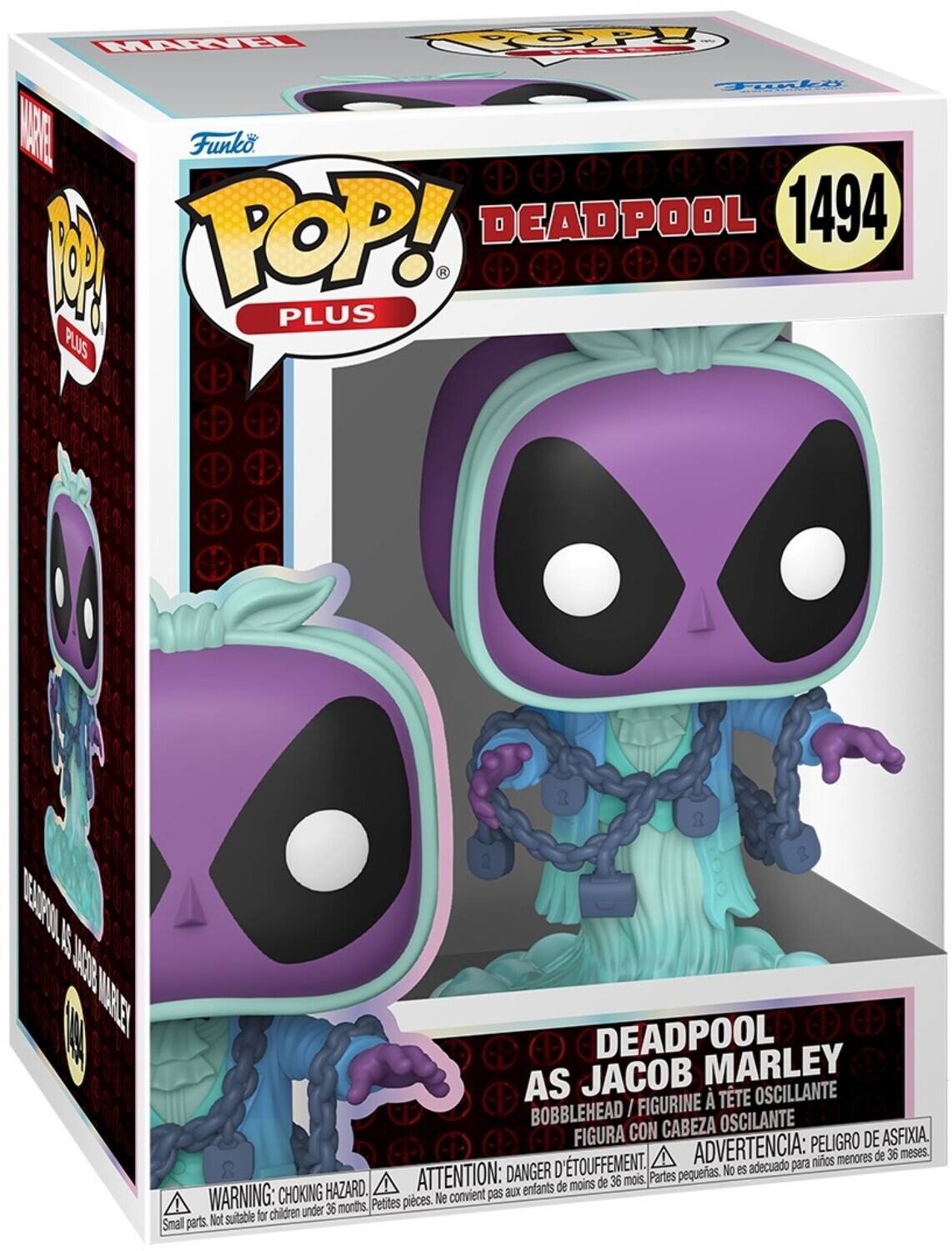 Sure, here is the corrected and grouped text from the image:

---

**Funko POP! PLUS**

**DEADPOOL 1494**

**DEADPOOL AS JACOB MARLEY**

**BOBBLEHEAD / FIGURINE À TÊTE OSCILLANTE**

**FIGURA CON CABEZA OSCILANTE**

**WARNING: CHOKING HAZARD. Small parts. Not suitable for children under 36 months.**

**ADVERTENCIA: PELIGRO DE ASFIXIA. Piezas pequeñas. No es adecuado para niños menores de 36 meses.**

**ATTENTION: DANGER D'ÉTOUFFEMENT. Petites pièces. Ne convient pas aux enfants de moins de 36 mois.**

---

This text is organized to reflect the information on the packaging, including the product name, character, and safety warnings.