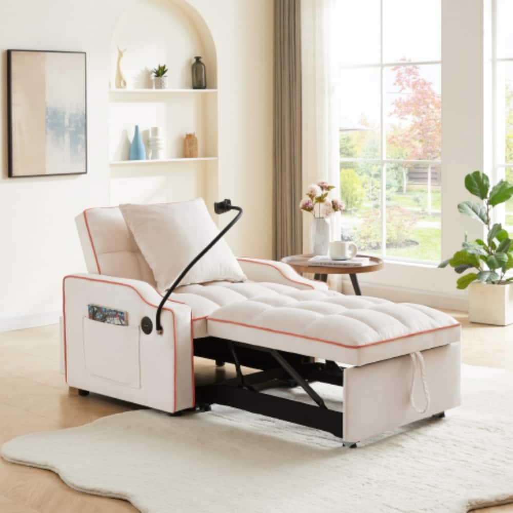 LUCKY ONE - 3-in-1 Convertible Sleeper Sofa Chair Bed w/ USB Type-C Phone Holder Side Pockets - Beige