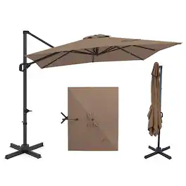 Costway - 11 x 9 FT Cantilever Patio Umbrella with 360° Rotation Easy Tilt Adjustment 8 Ribs - Tan