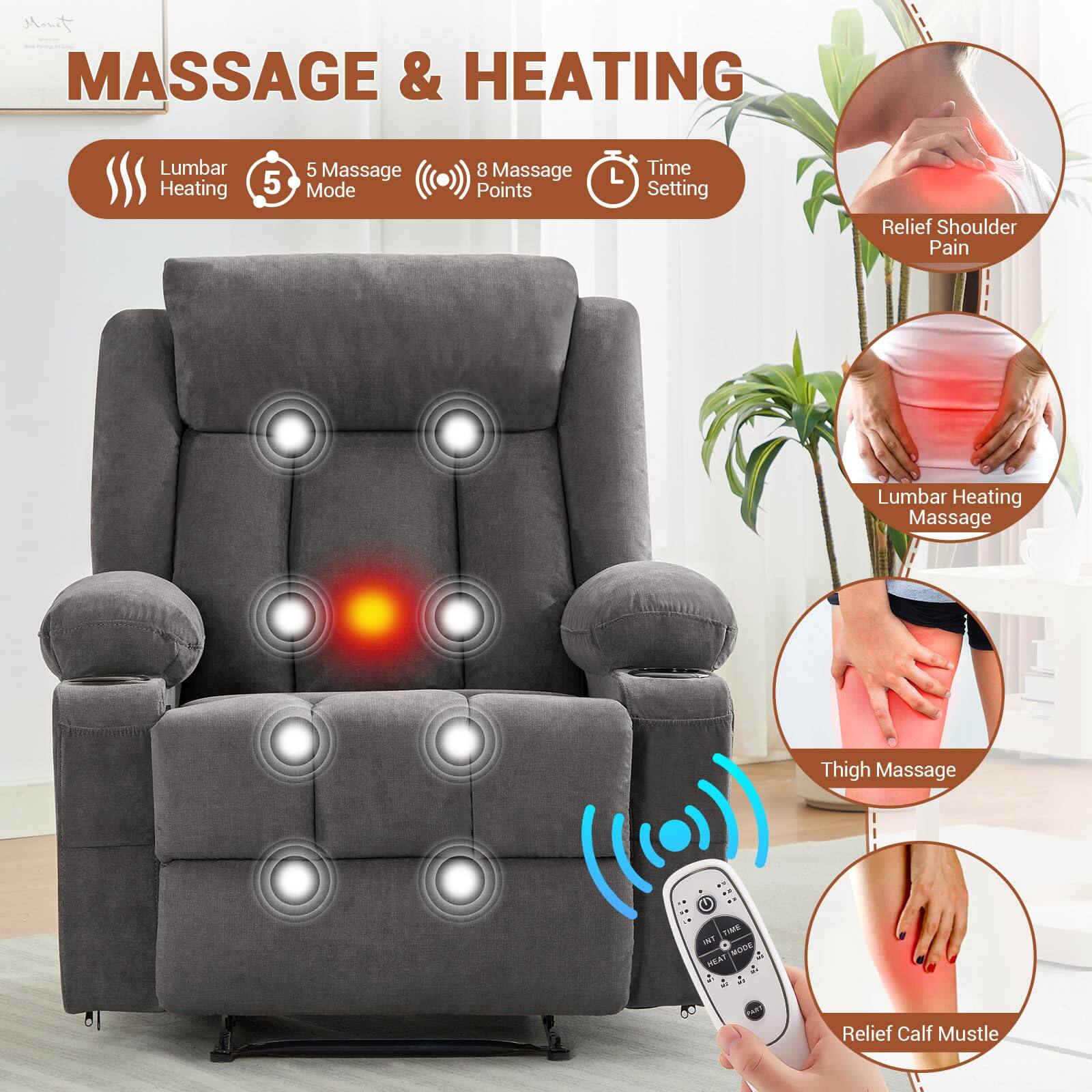 **MASSAGE & HEATING**

- Lumbar Heating
- 5 Massage Mode
- 8 Massage Points
- Time Setting

**Relief Shoulder Pain**

**Lumbar Heating Massage**

**Thigh Massage**

**Relief Calf Muscle**