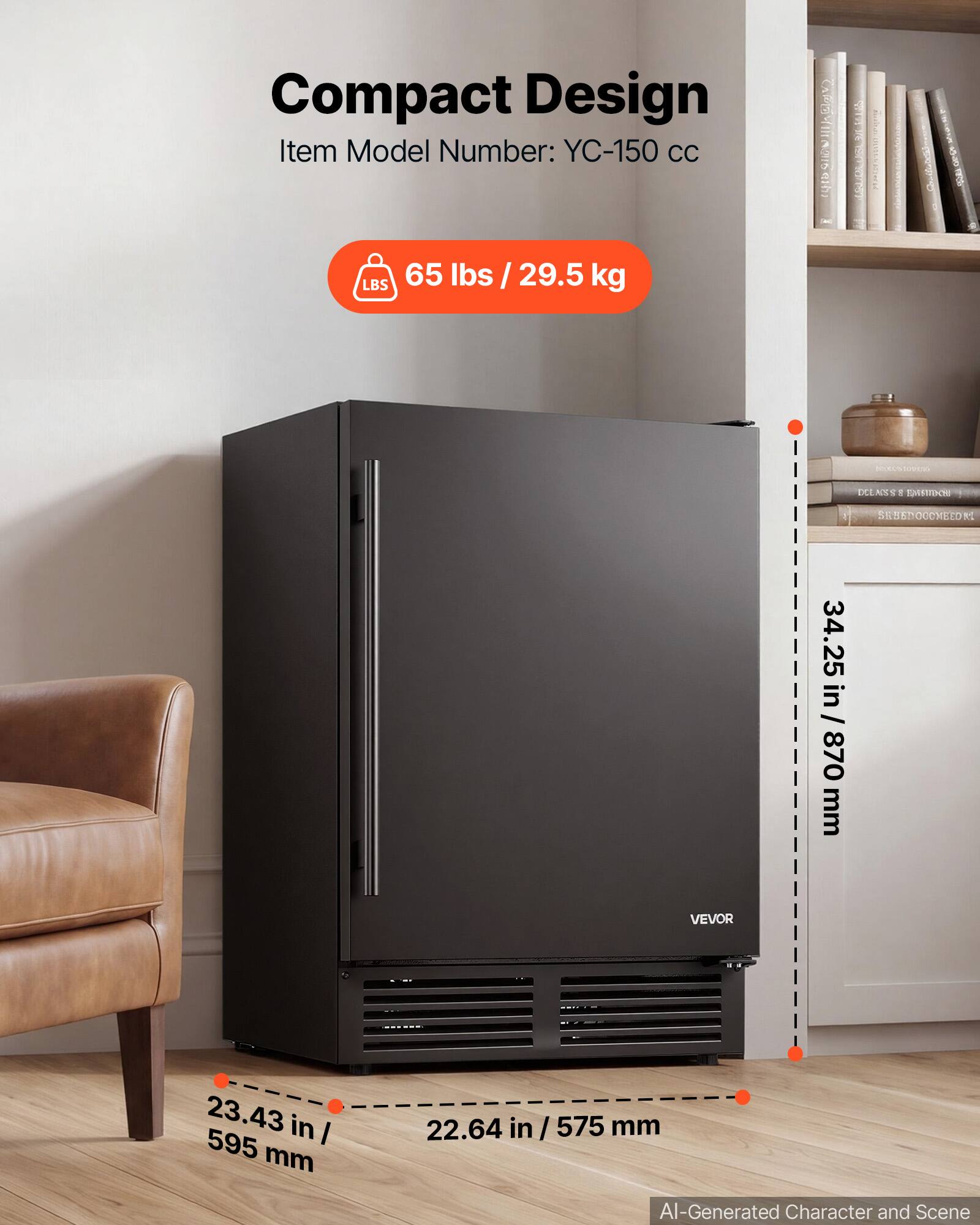 Compact Design  
Item Model Number: YC-150 CC  
65 lbs / 29.5 kg  

34.25 in / 870 mm  
23.43 in / 595 mm  
22.64 in / 575 mm  

VEVOR  

AI-Generated Character and Scene