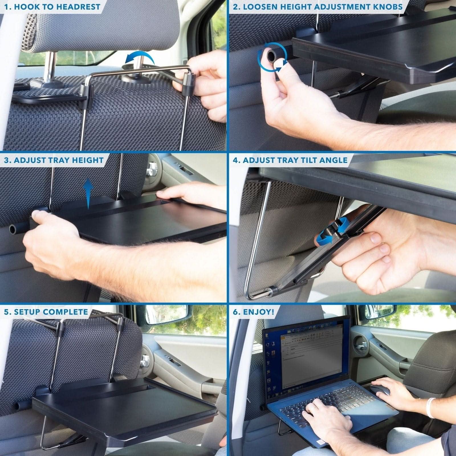 1. Hook to headrest  
2. Loosen height adjustment knobs  
3. Adjust tray height  
4. Adjust tray tilt angle  
5. Setup complete  
6. Enjoy!