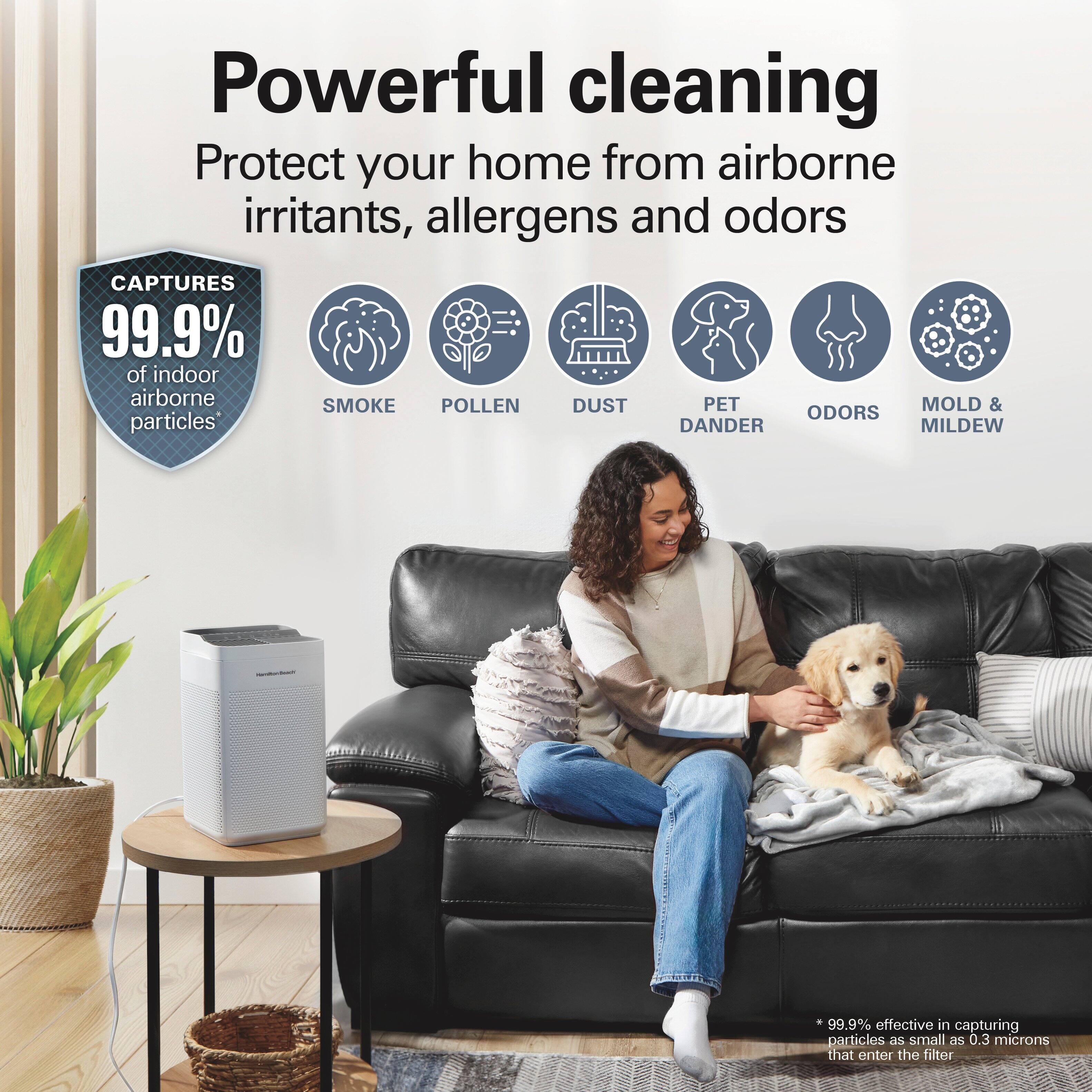 Powerful cleaning  
Protect your home from airborne irritants, allergens and odors  

CAPTURES 99.9% of indoor airborne particles  
SMOKE  
POLLEN  
DUST  
PET DANDER  
ODORS  
MOLD & MILDEW  

99.9% effective in capturing particles as small as 0.3 microns that enter the filter
