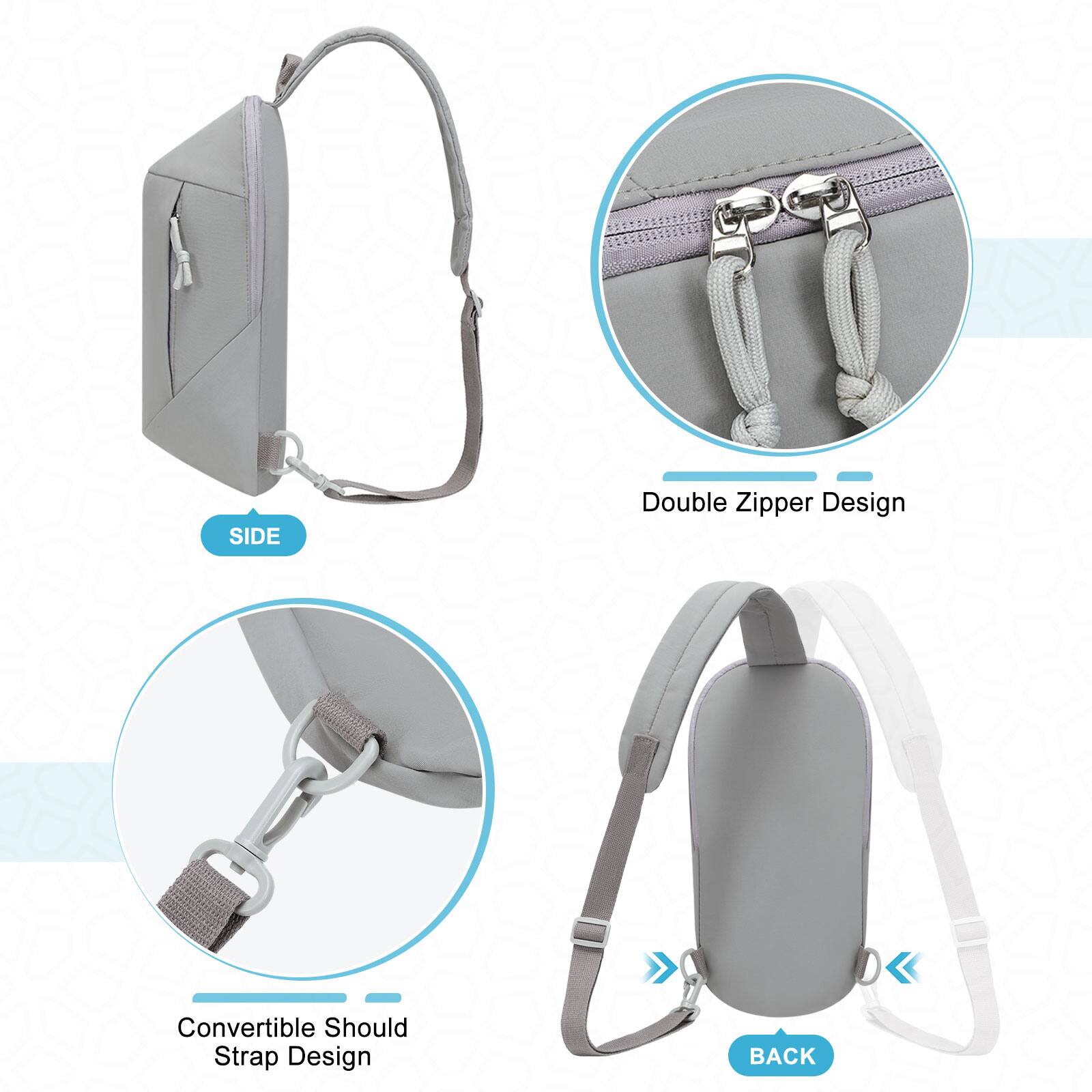 SIDE  
Double Zipper Design  
Convertible Shoulder Strap Design  
BACK