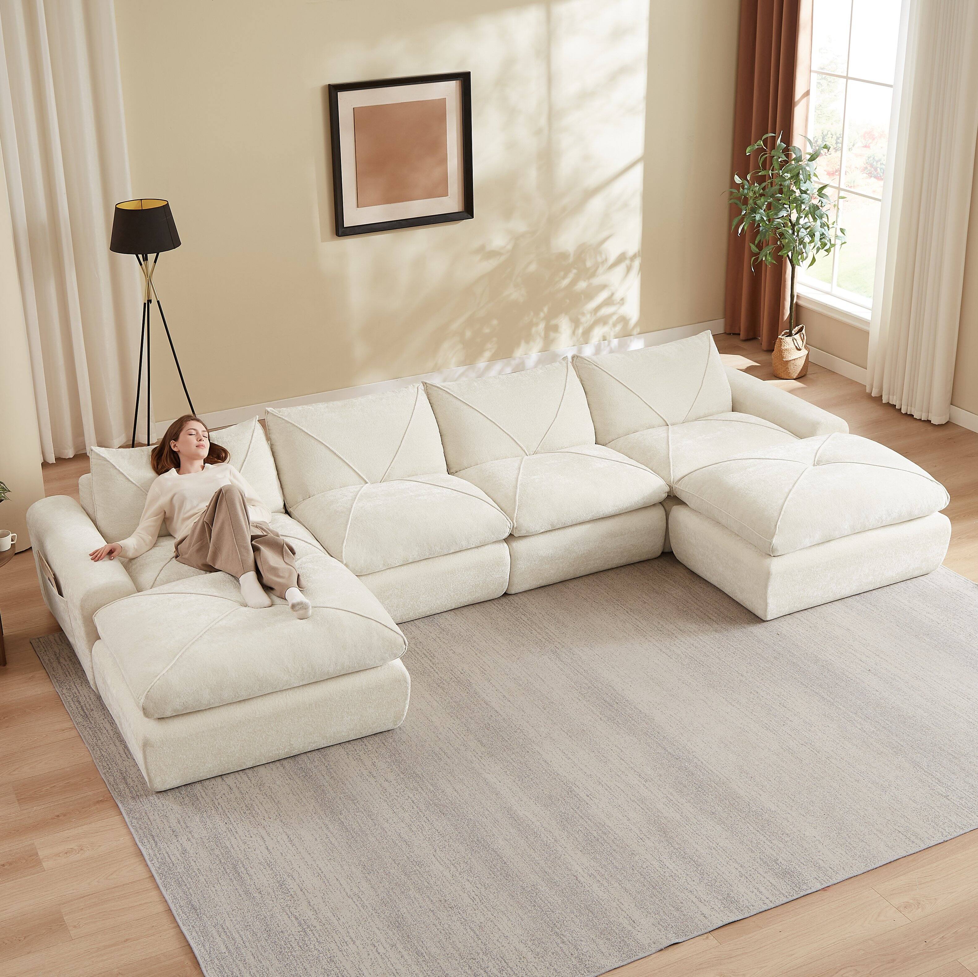 Left. Loheer - Loheer Modern Minimalist Chenille Sectional Sofa with Ottoman Oversized Living Room Couch - Beige.
