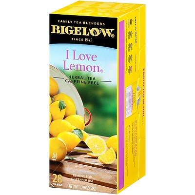 FAMILY TEA BLENDERS  
BIGELOW  
SINCE 1945  

I Love Lemon  
HERBAL TEA  
CAFFEINE FREE  

PROTECTED IN LOI  

28 INDIVIDUALLY WRAPPED TEA BAGS  
NET WT 1.79 OZ (50g)  

REMOVE FOR 28 INDIVIDUALLY WRAPPED USE