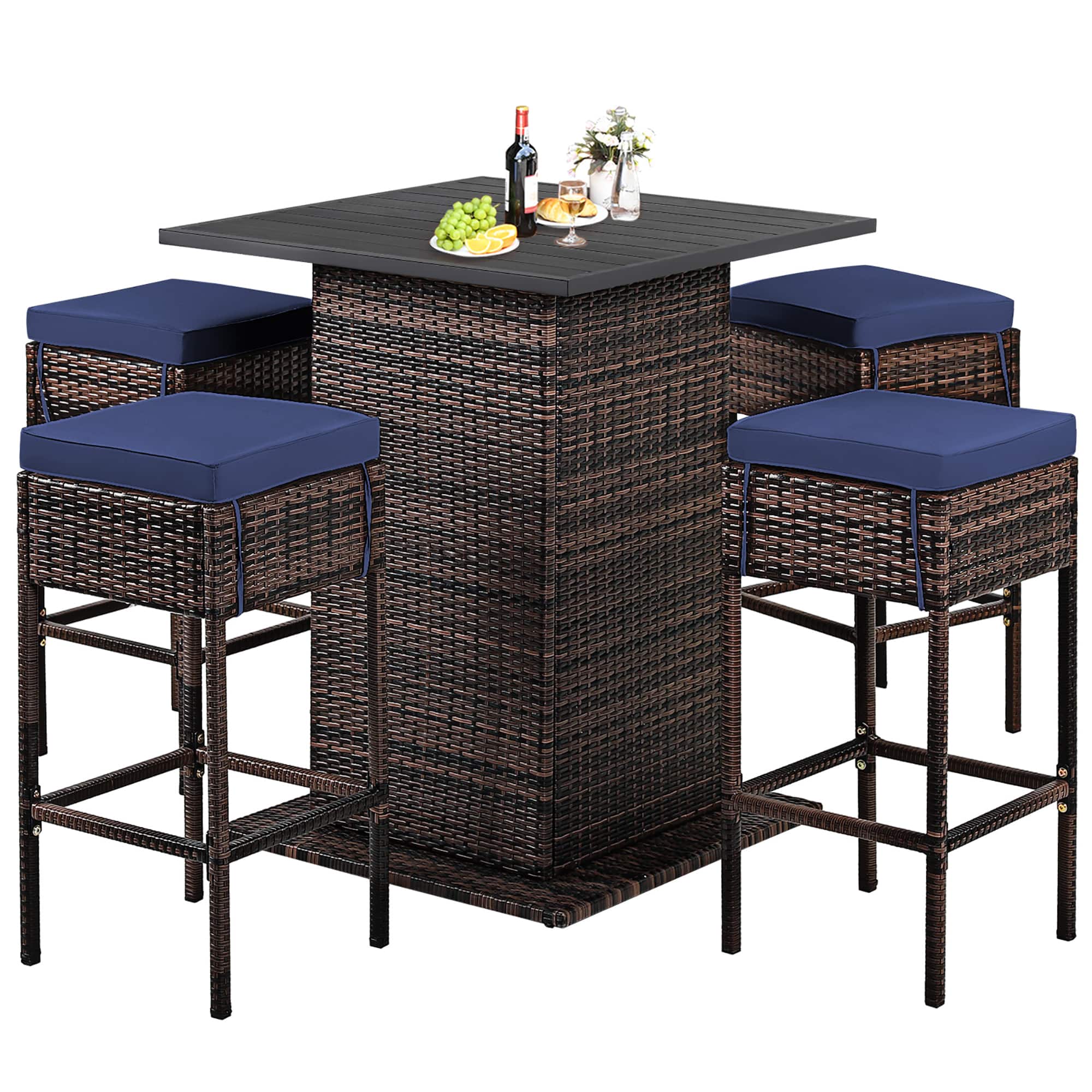 Costway - 5PCS Patio Rattan Bar Table Stool Set Hidden Storage Shelf Cushioned - Navy