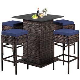 Costway - 5PCS Patio Rattan Bar Table Stool Set Hidden Storage Shelf Cushioned - Navy