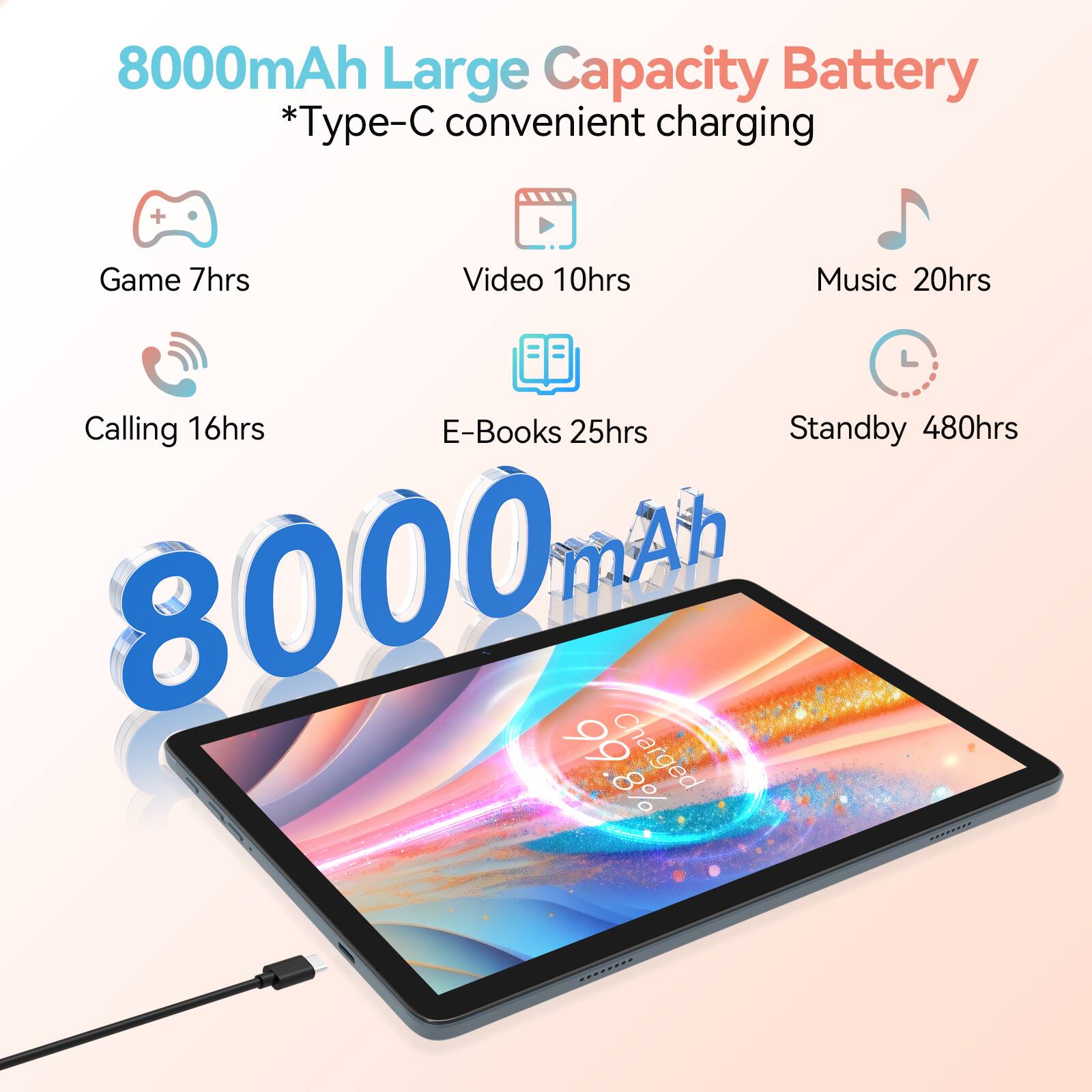 8000mAh Large Capacity Battery  
*Type-C convenient charging  

- Game 7hrs  
- Video 10hrs  
- Music 20hrs  
- Calling 16hrs  
- E-Books 25hrs  
- Standby 480hrs  

8000mAh  
99.8% Charged