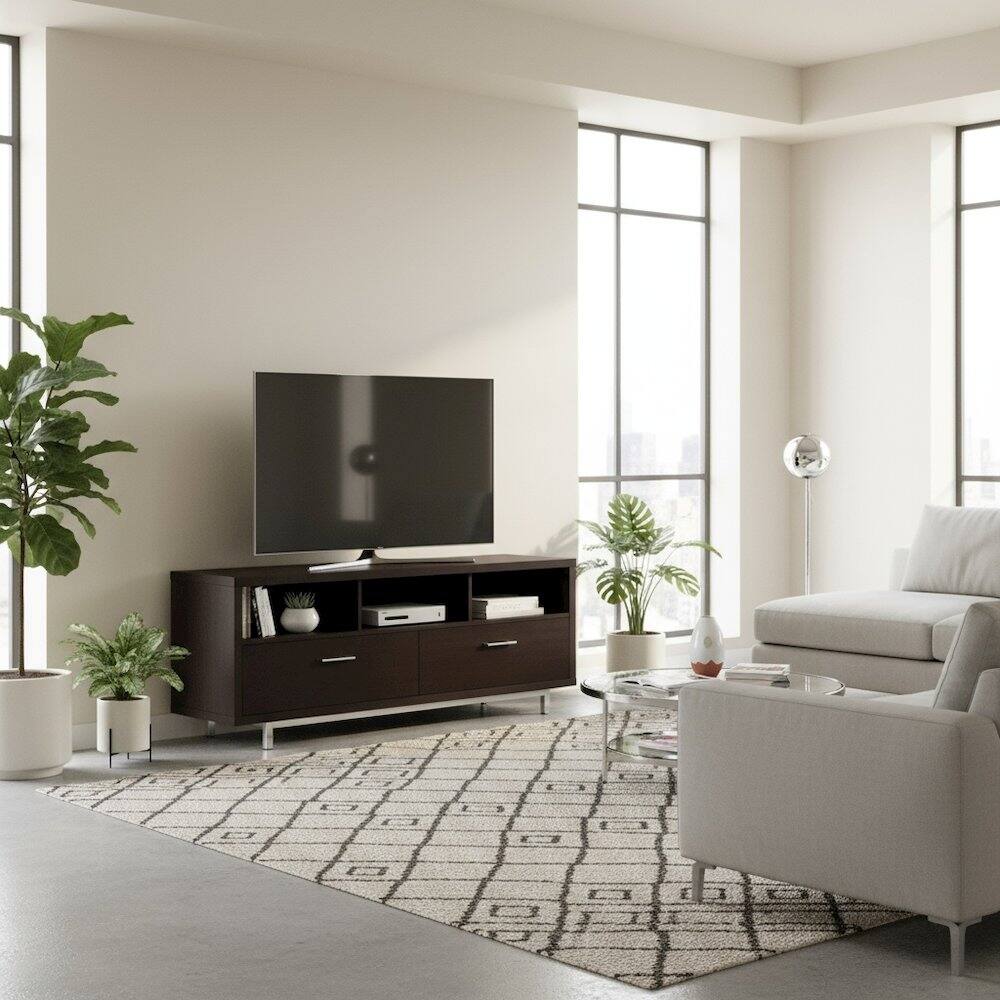 Alt View 1. FurniFact - Modern Cappuccino TV Stand 60 Inch, Engineered Wood, 2-Drawer, Chrome Metal Base - White.