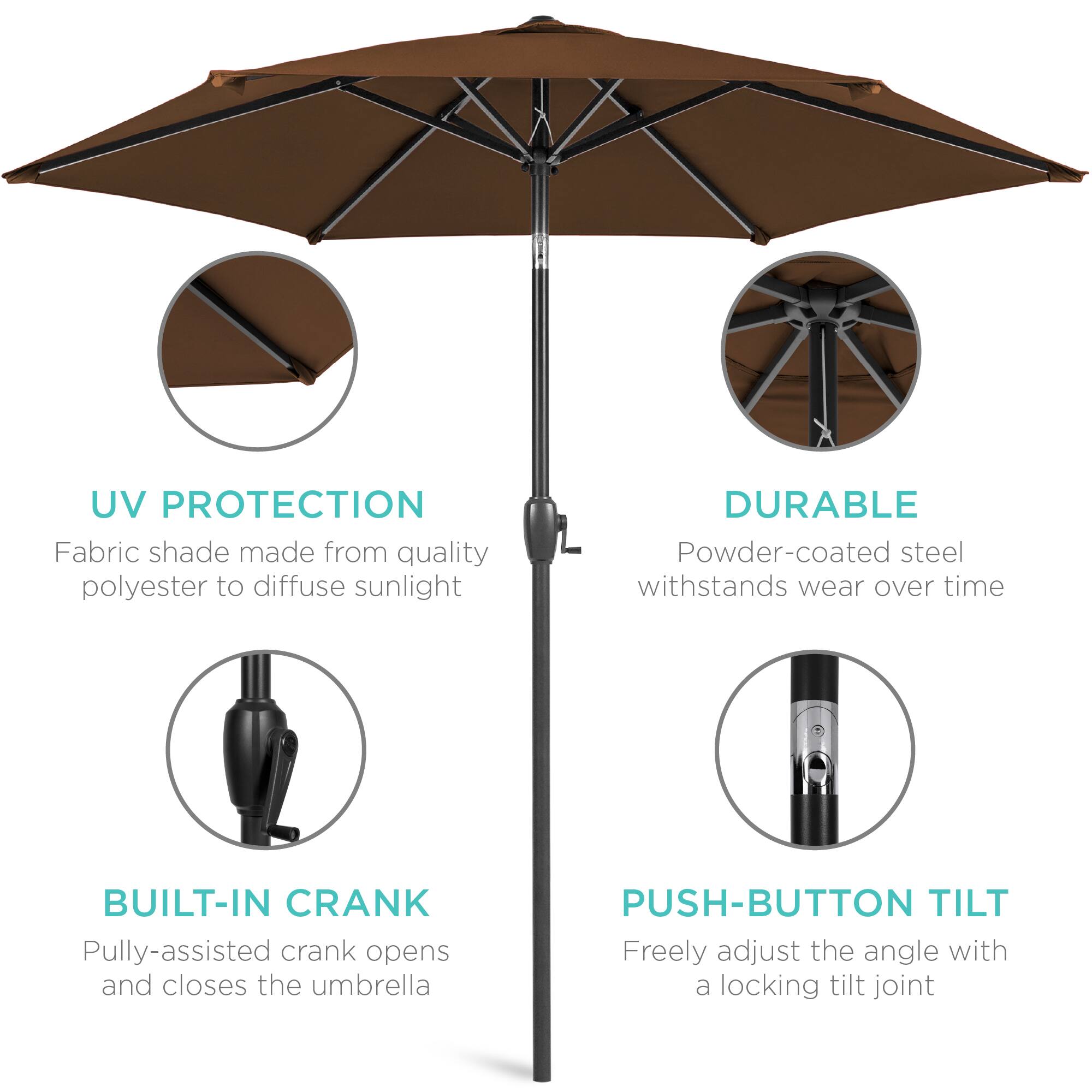 - **UV PROTECTION**  
  Fabric shade made from quality polyester to diffuse sunlight

- **DURABLE**  
  Powder-coated steel withstands wear over time

- **BUILT-IN CRANK**  
  Pulley-assisted crank opens and closes the umbrella

- **PUSH-BUTTON TILT**  
  Freely adjust the angle with a locking tilt joint