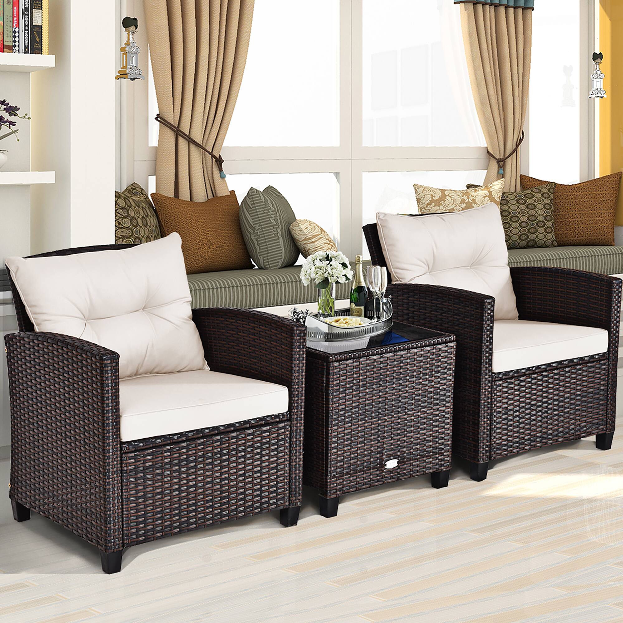 Alt View 3. Costway - 3PCS Patio Rattan Furniture Set Cushioned Sofa Coffee Table Garden - Off-White.