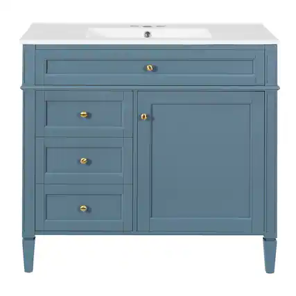 Front. Boyel Living - 36 Inch Modern Bathroom Vanity with Ceramic Sink Three Drawers Indigo Blue - Blue.
