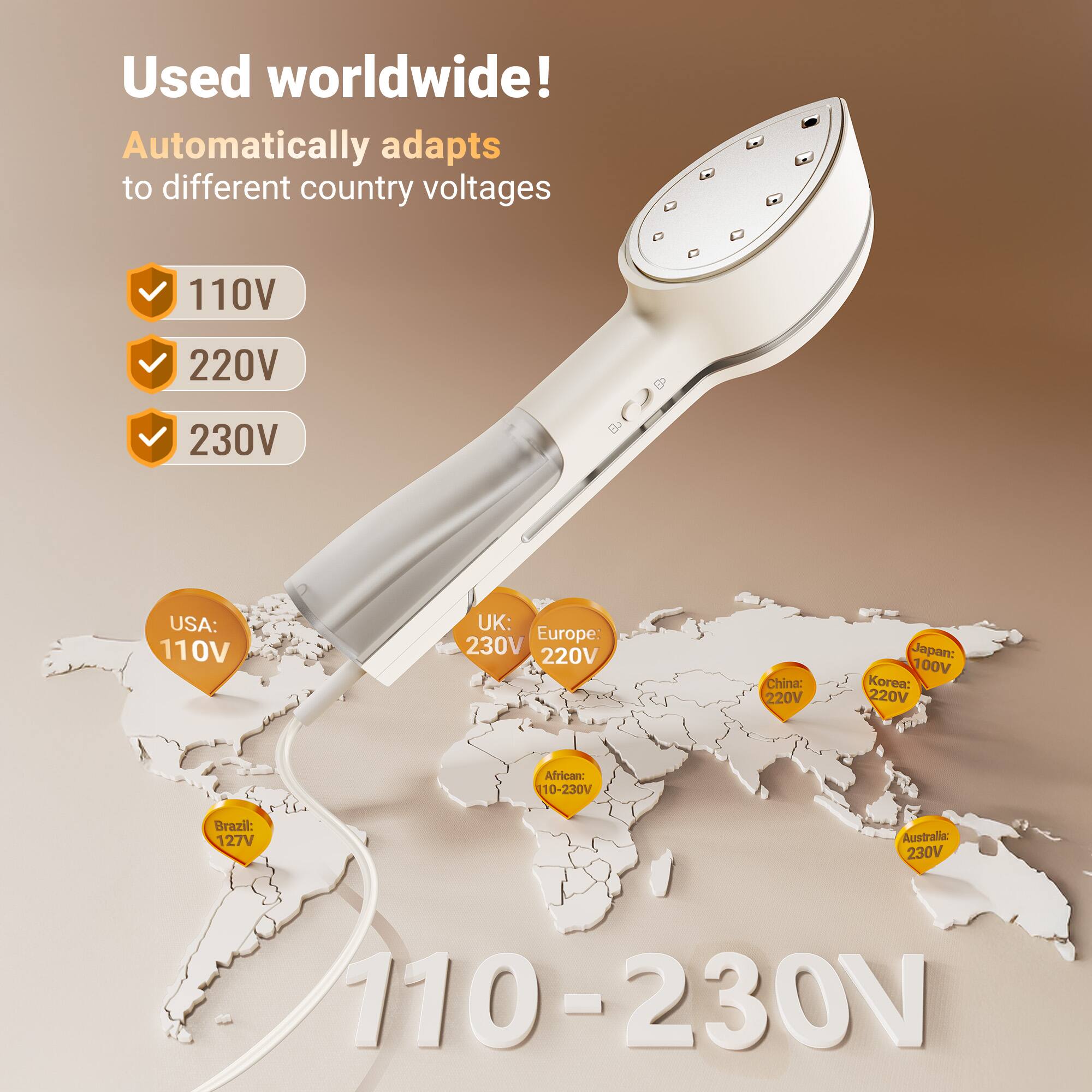 Used worldwide!  
Automatically adapts to different country voltages  

110V  
220V  
230V  

USA: 110V  
UK: 230V  
Europe: 220V  
China: 220V  
Japan: 100V  
Korea: 220V  
Africa: 10-230V  
Brazil: 127V  
Australia: 230V (110-230V)