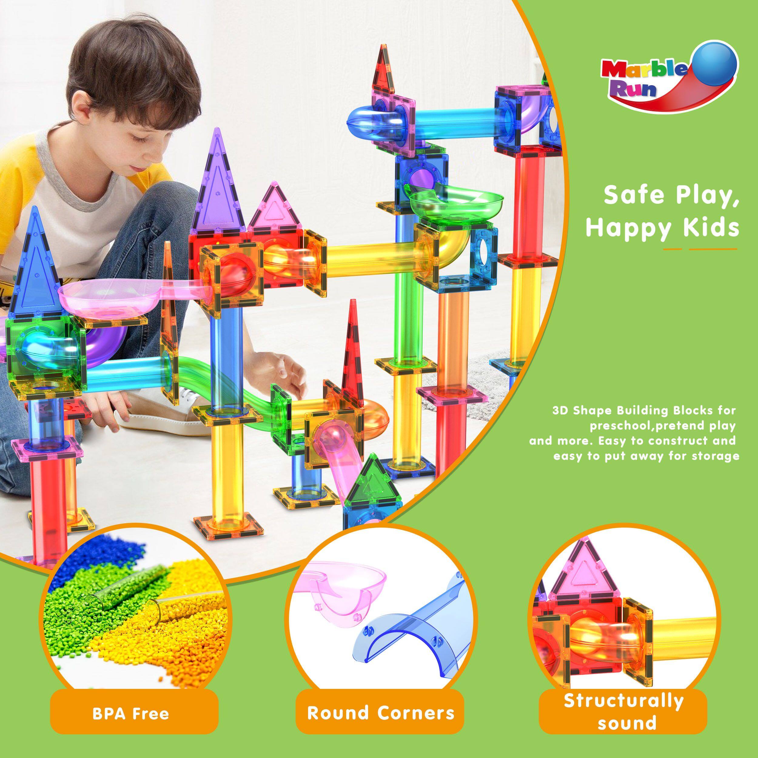 Marble Run, Safe Play, Happy Kids, 3D Shape Building Blocks for preschool, pretend play and more, easy to construct and easy to put away for storage, BPA Free, Round Corners, Structurally sound.