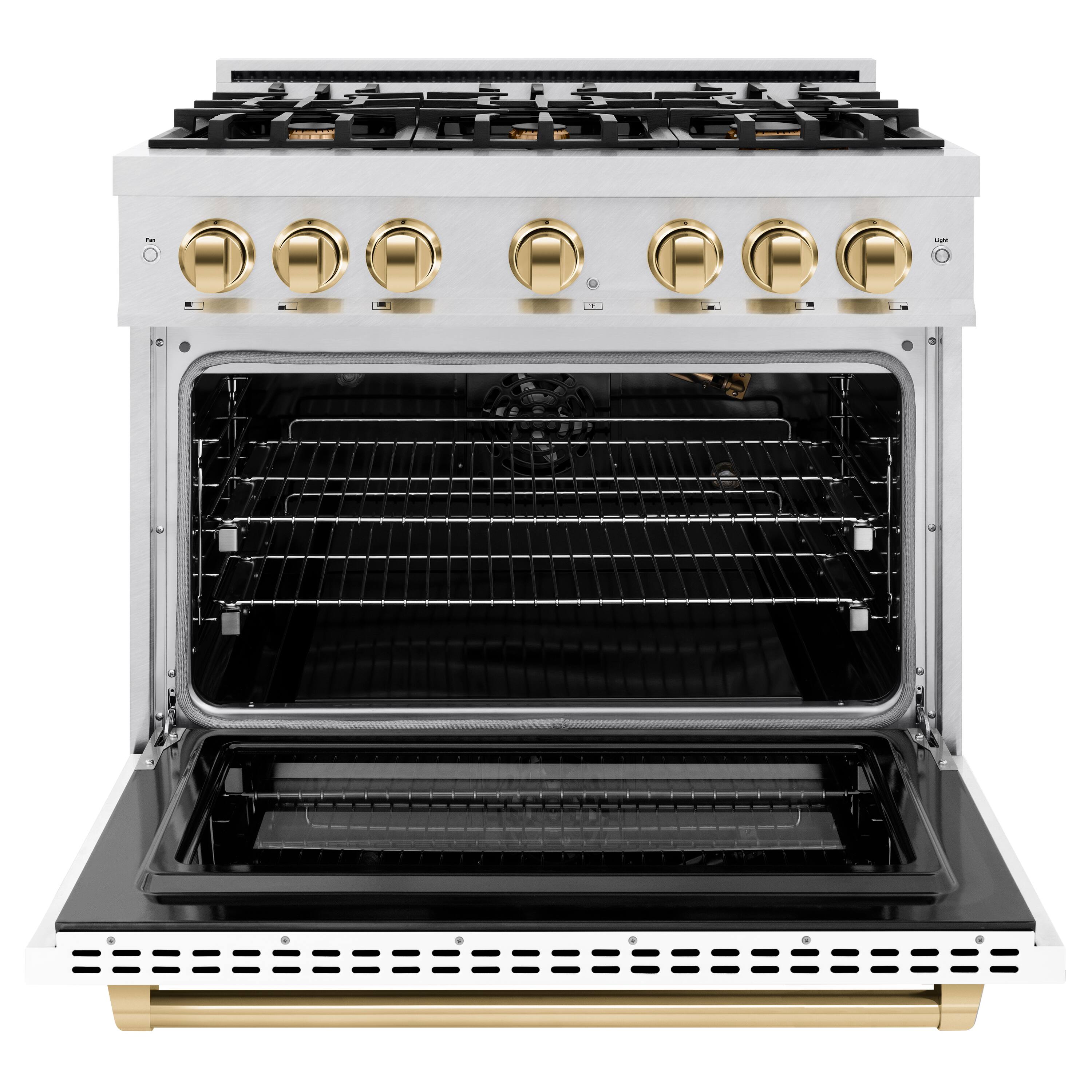 Left. ZLINE - ZLINE Autograph 36 in. 5.2 cu. ft. Freestanding Select Satin Steel Gas Range w/ White Door & Gold Accents - Satin Stainless Steel.
