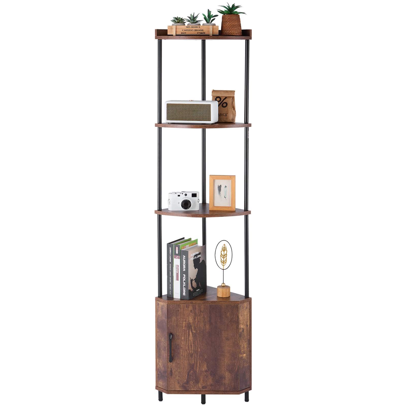 VEVOR - 5 Tier Corner Shelf with LED Light, 65.4" Tall Corner Bookshelf with Storage Cabinet, Display Shelf - Brown