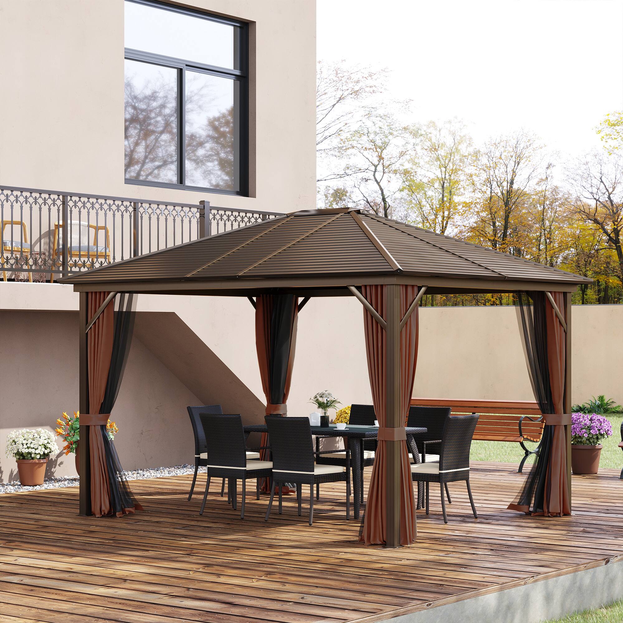 Alt View 1. Outsunny - 10' x 12' Hardtop Gazebo with Curtains and Netting, Permanent Pavilion Metal Single Roof Gazebo Canopy - Brown.