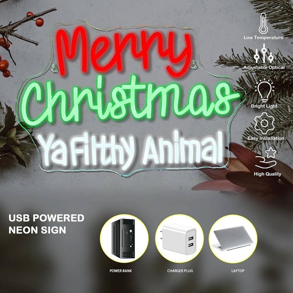 Sure, here is the corrected and grouped text from the image:

---

**Merry Christmas Ya Filthy Animal**

- Low Temperature
- Adjustable Optical
- Bright Light
- Easy Installation
- High Quality

**USB POWERED NEON SIGN**

- POWER BANK
- CHARGER PLUG
- LAPTOP

---