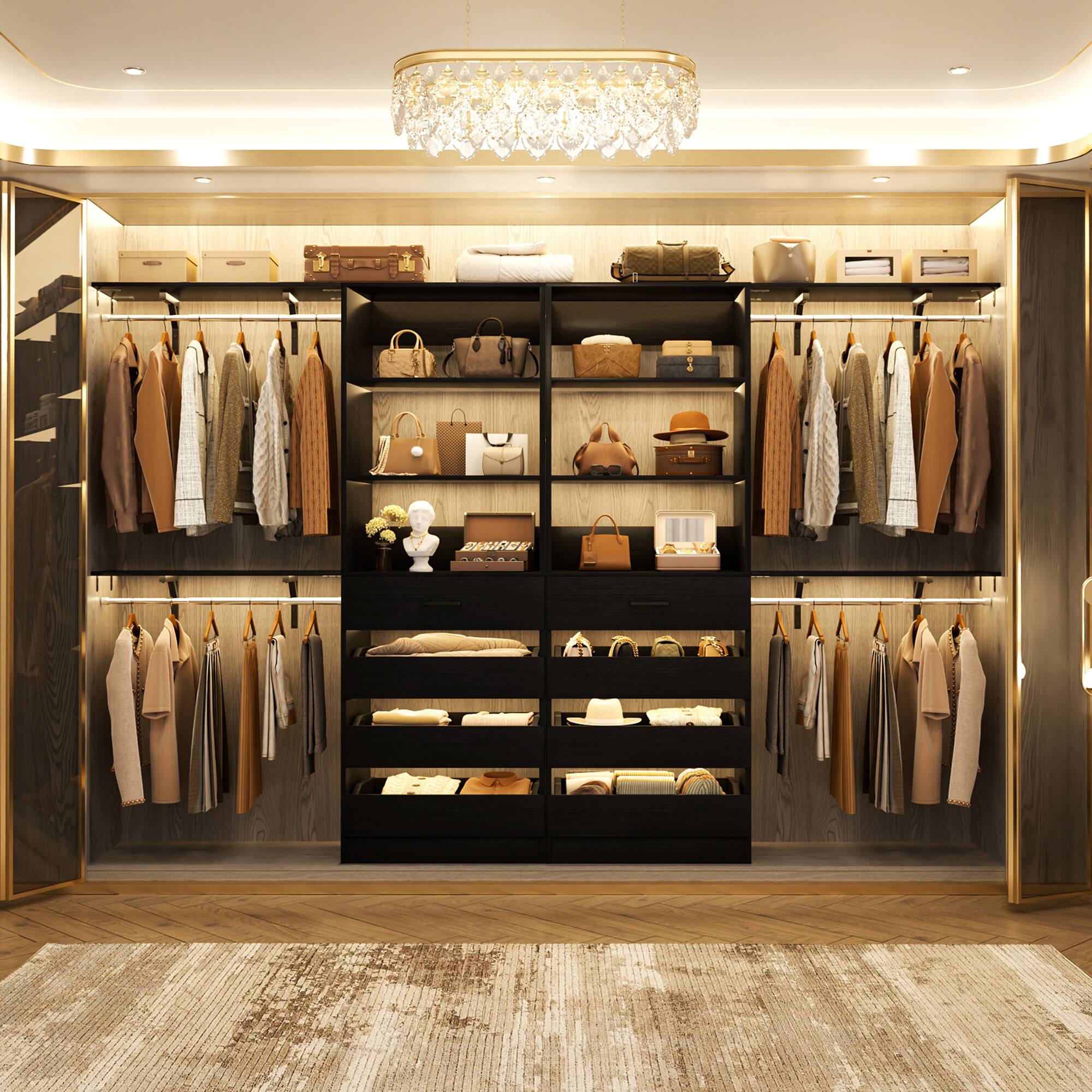 Back. Aheaplus - 7-12FT Custom Wood Closet Organizer with 8 Drawers & 4 Adjustable Hanging Rods, Holds 1000+ Lbs - Black.