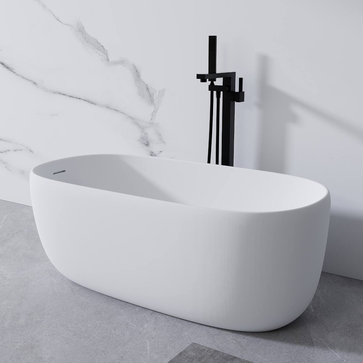 Angle. Loheer - Loheer Freestanding Resin Stone Soaking Bathtub, Matte White Solid Surface Oval Tub with Center Drain, 51 Inch - Matte White.