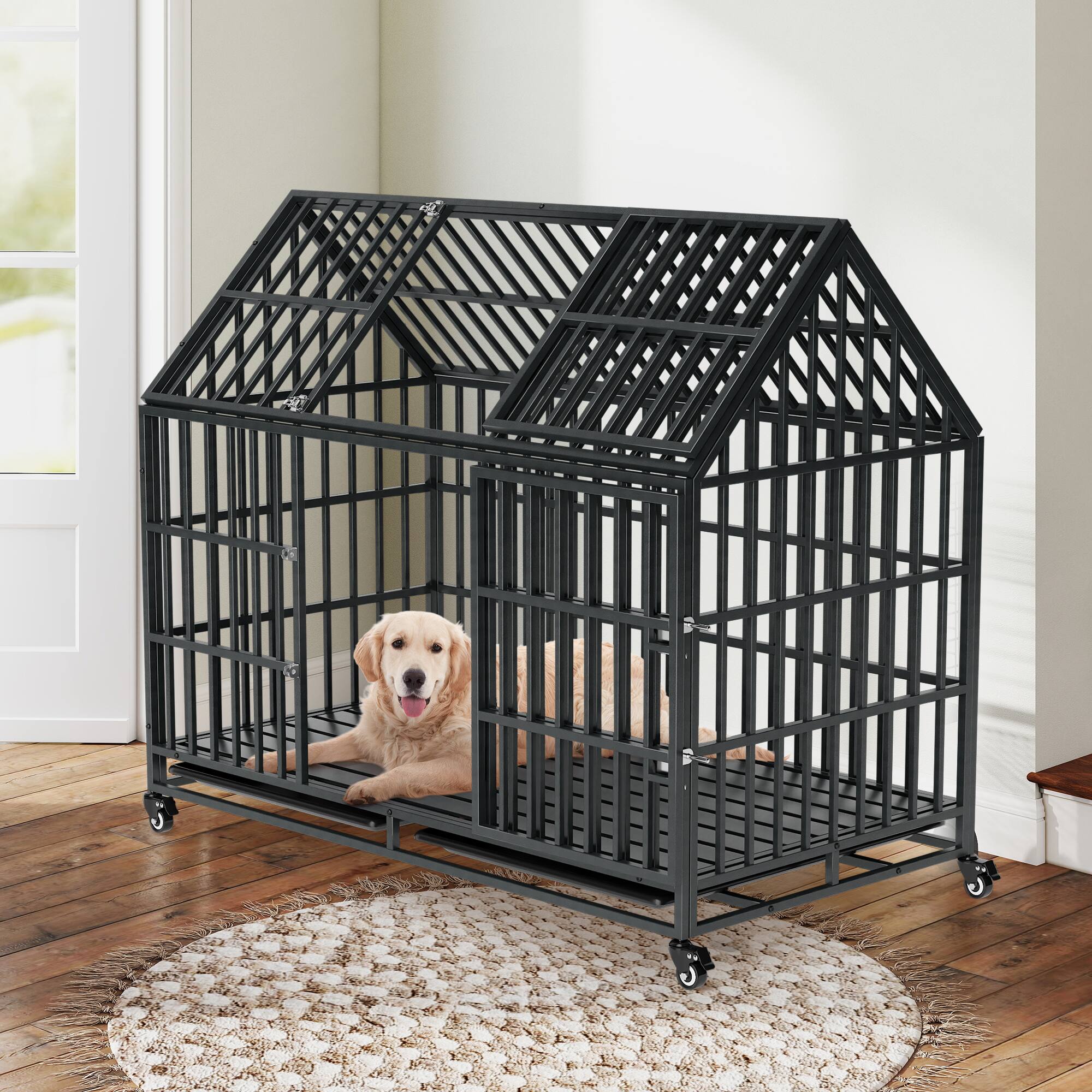 Angle. Boyel Living - Black 52 Inches Heavy Duty Dog Crate with Roof Top with Iron - Black.
