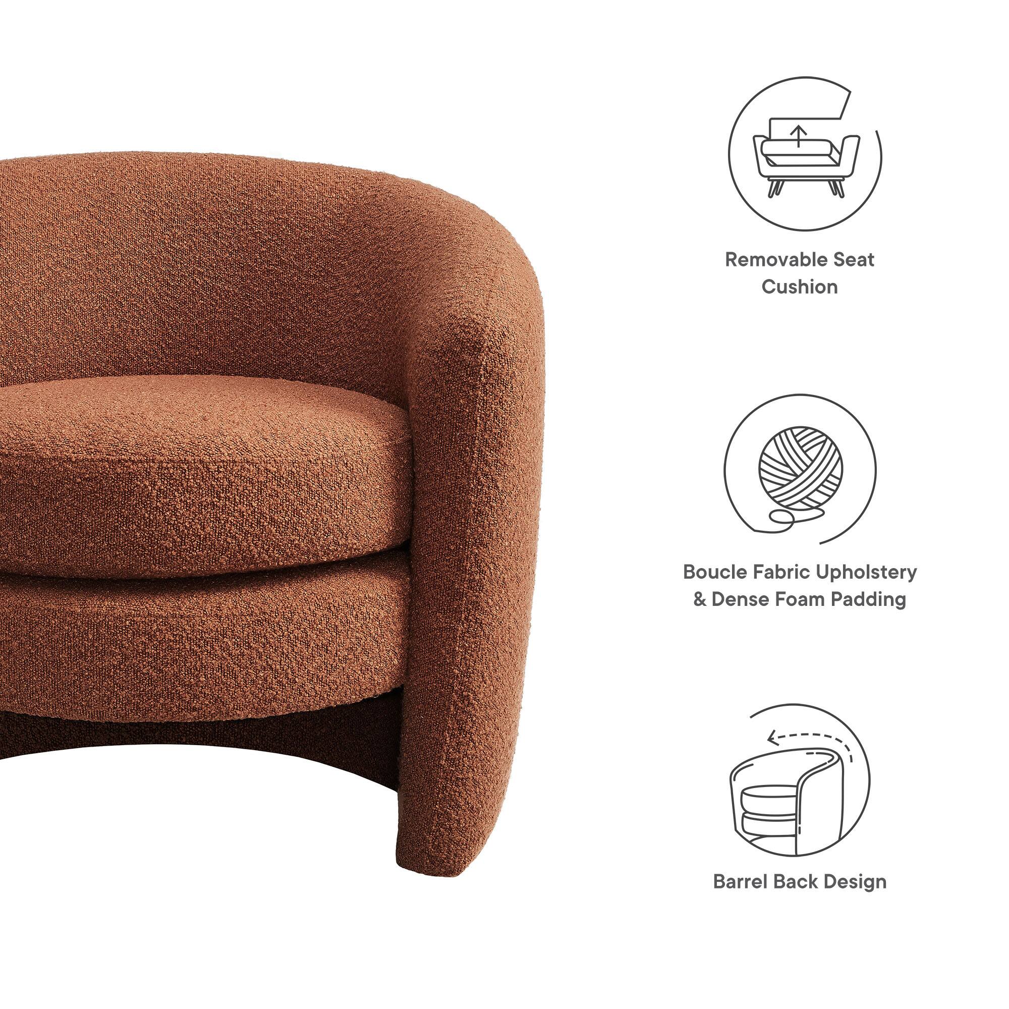 - Removable Seat Cushion
- Boucle Fabric Upholstery & Dense Foam Padding
- Barrel Back Design