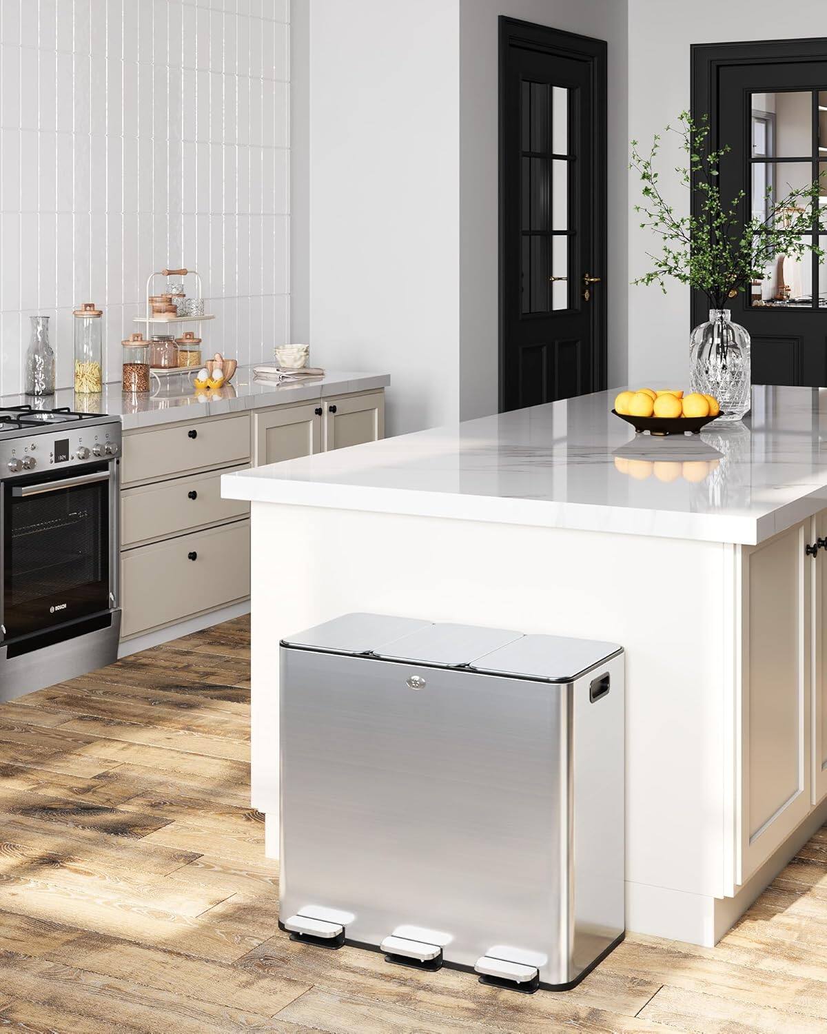 Front. Acekool - 60L/15.9 Gallon Three-Compartment Stainless Steel Pedal Kitchen Recycling Trash Can with Odor Seal, Hands-Free - Silver.