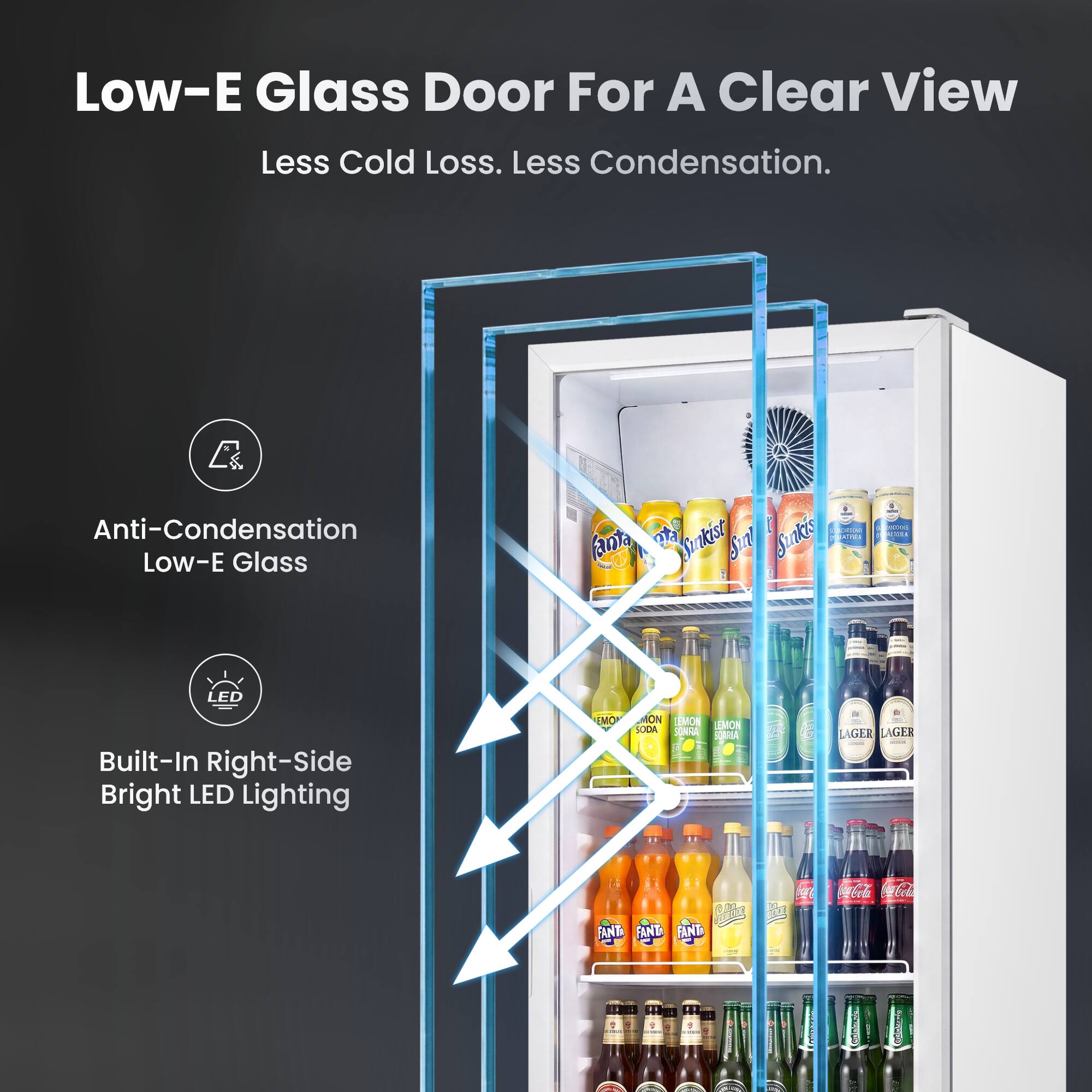 Low-E Glass Door For A Clear View  
Less Cold Loss. Less Condensation.  
Anti-Condensation Low-E Glass  
Built-In Right-Side Bright LED Lighting