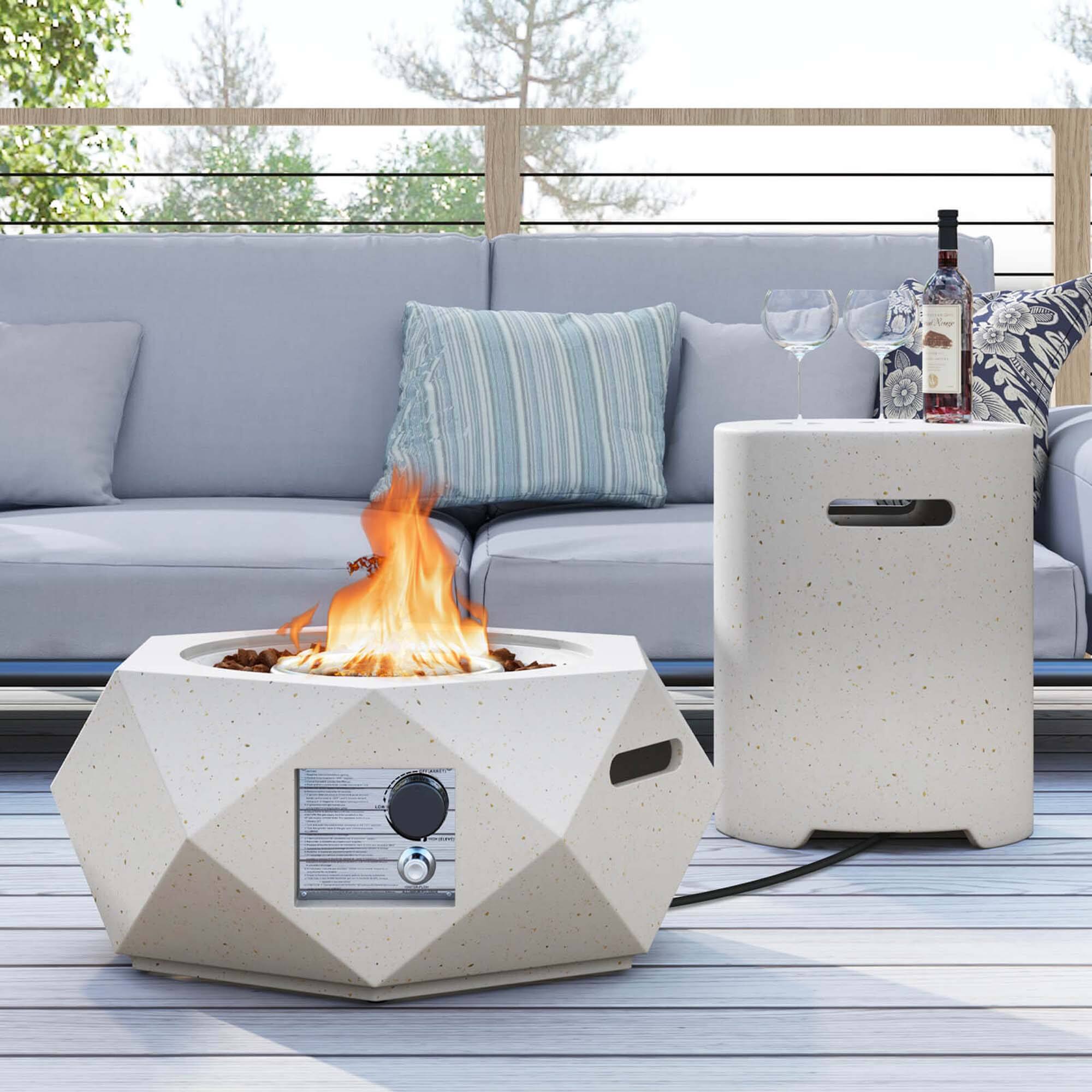 Alt View 1. Costway - Costway 28" Hexagon Terrazzo Propane Gas Fire Pit Table Set with Hideaway Tank Holder - White.