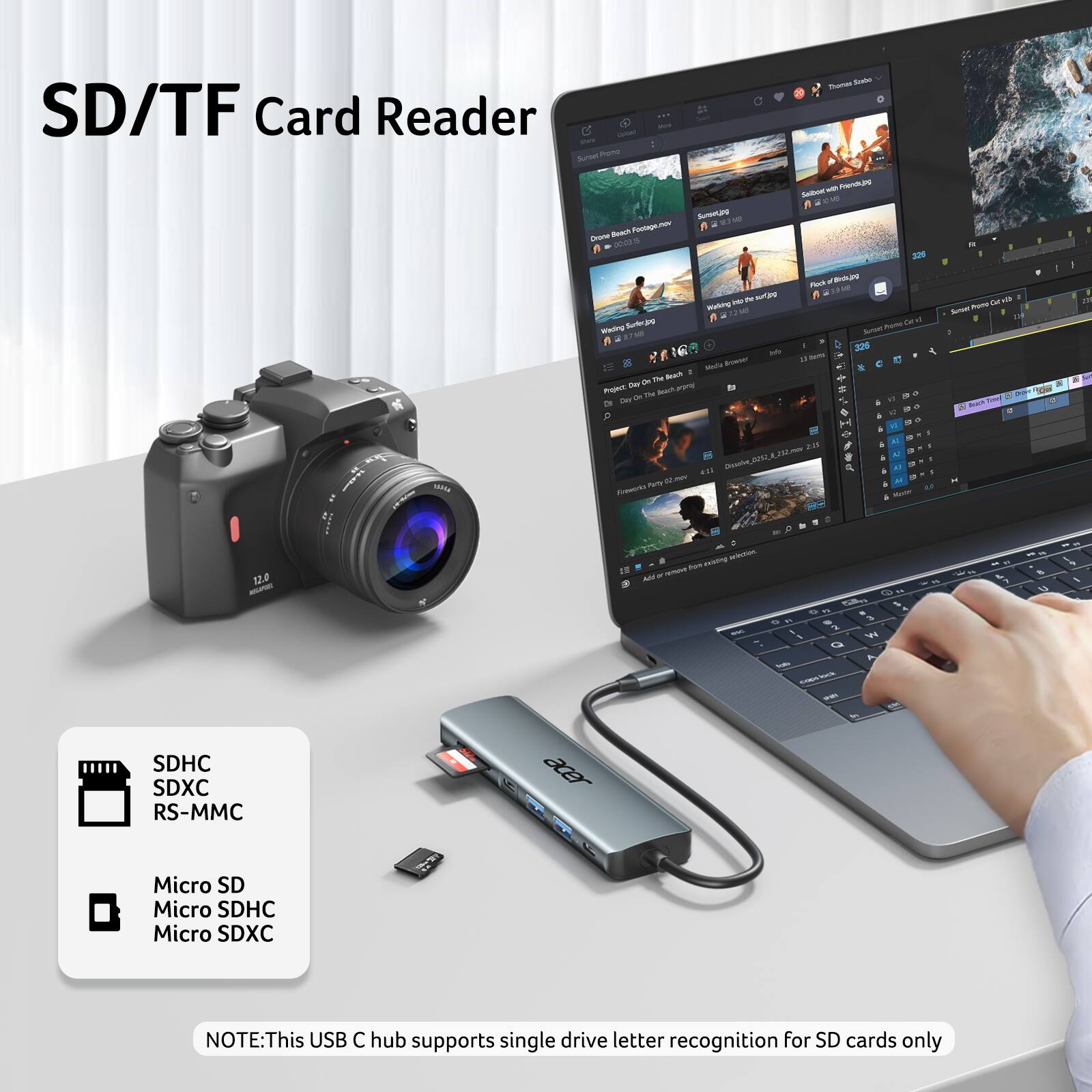 Lector de tarjetas SD/TF

SDHC SDXC RS-MMC

Micro SD Micro SDHC Micro SDXC

NOTA: Este concentrador USB C admite el reconocimiento de letras de una sola unidad solo para tarjetas SD