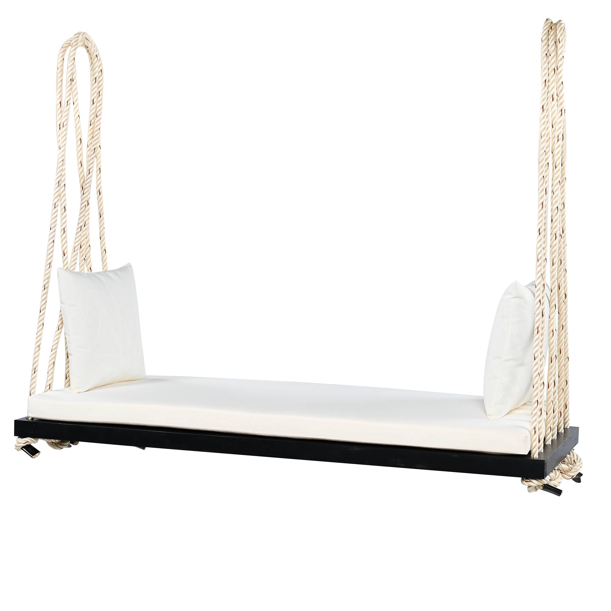 Alt View 4. GOODSILO - Acacia Wood Patio Swing Chair - Hanging Porch Bench with Cushion & Ropes for Garden, Backyard, Lawn - Black.